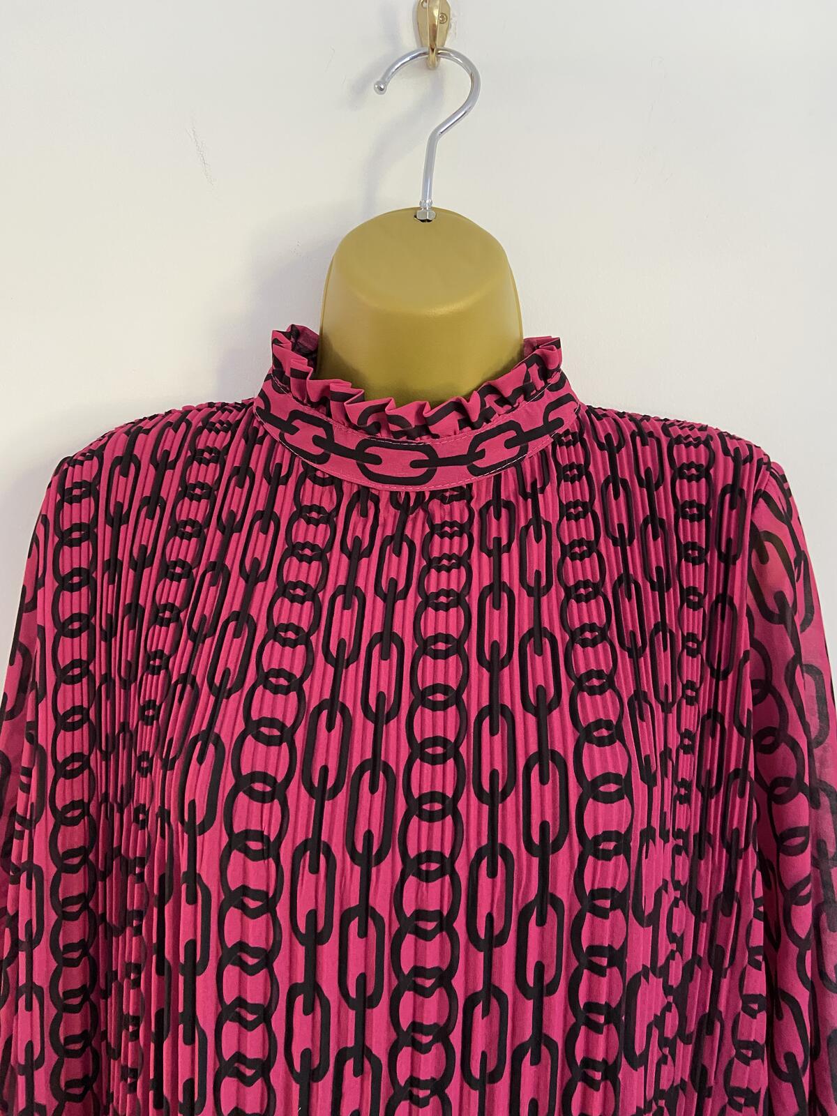 Bright Pink Chain Print Plissé High Neck Blouse - Size 8