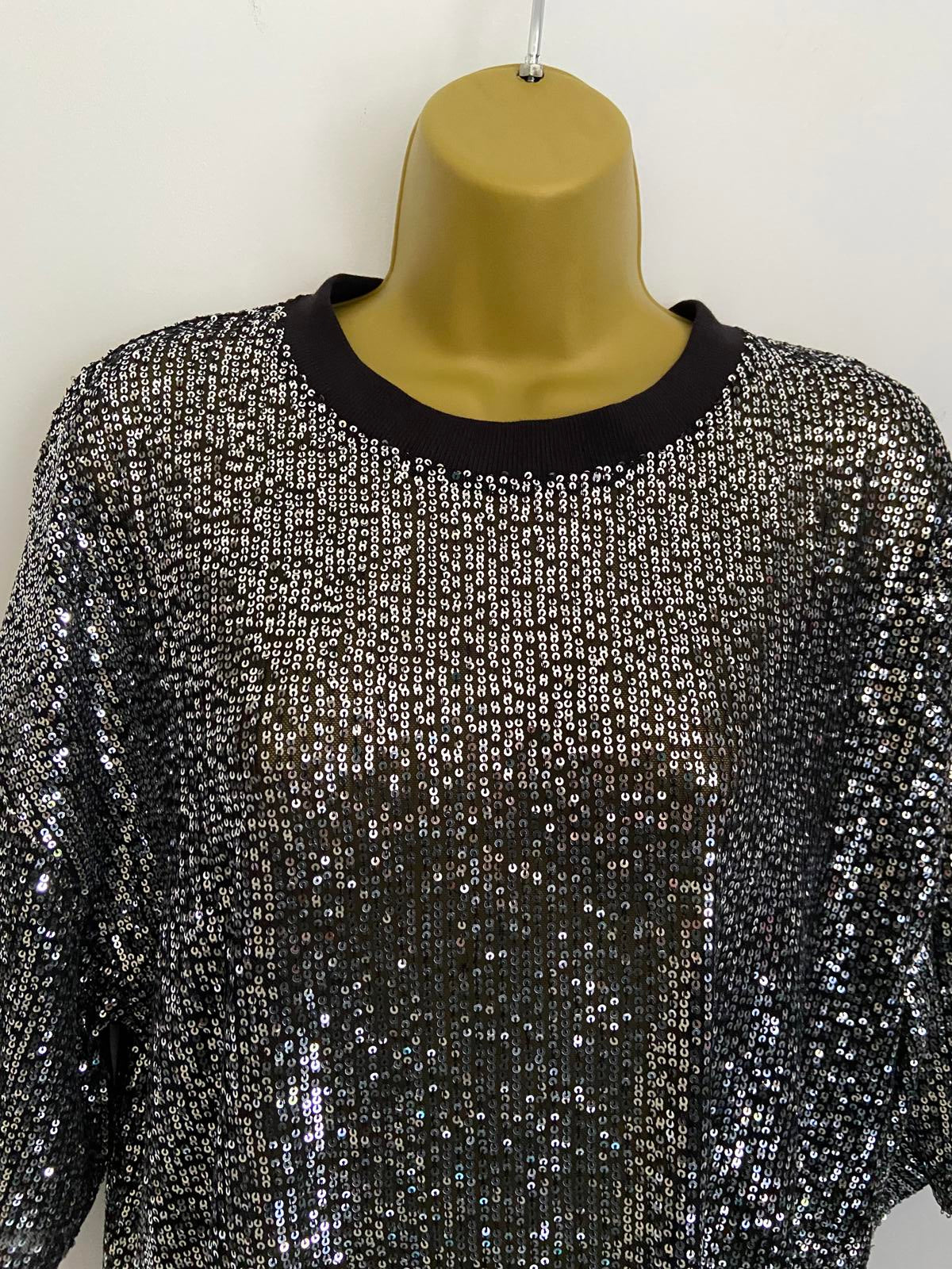 F&F Size Large Sparkly Silver Sequin Black Short Sleeve Party Top T-Shirt
