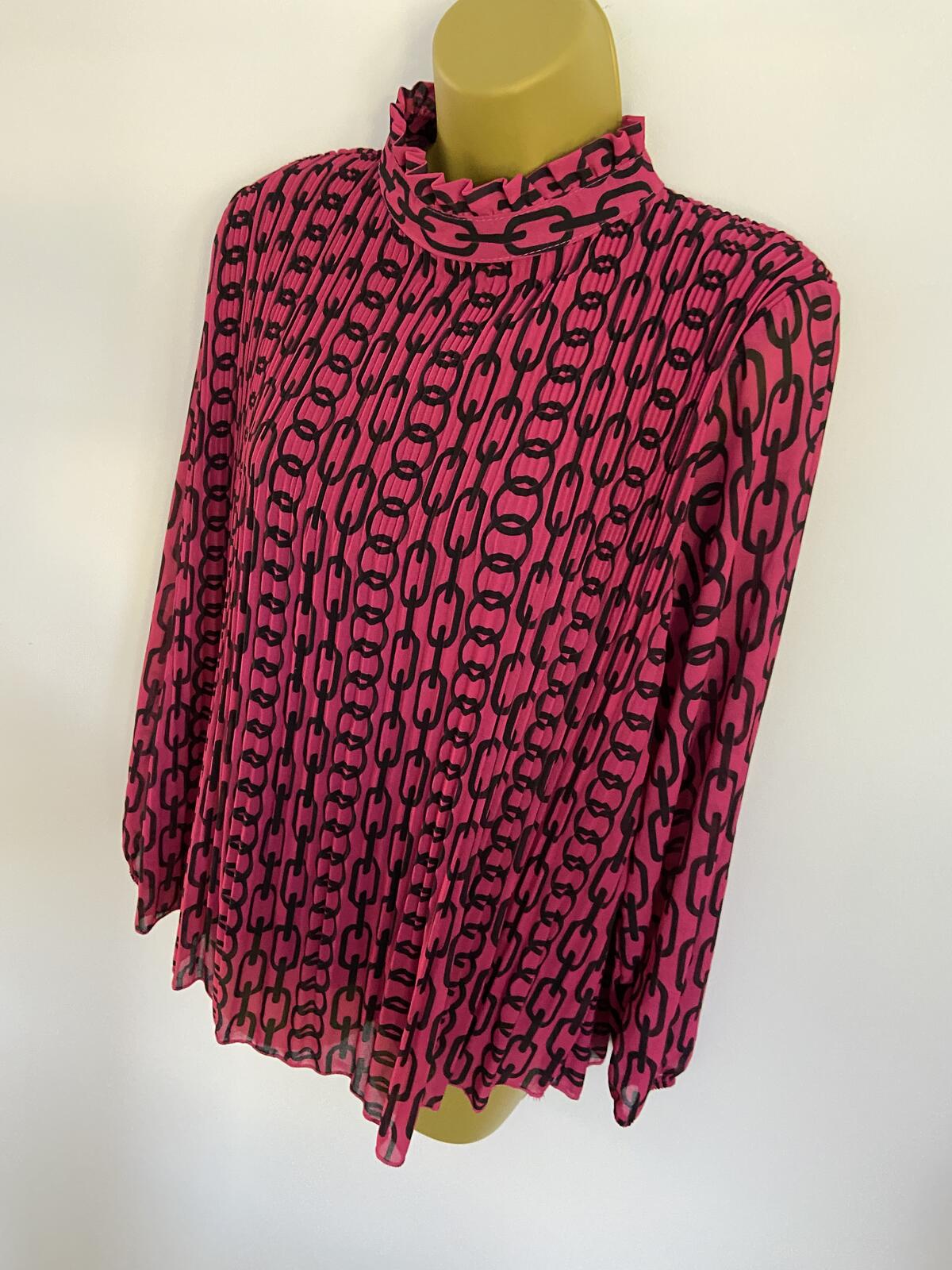 Bright Pink Chain Print Plissé High Neck Blouse - Size 8