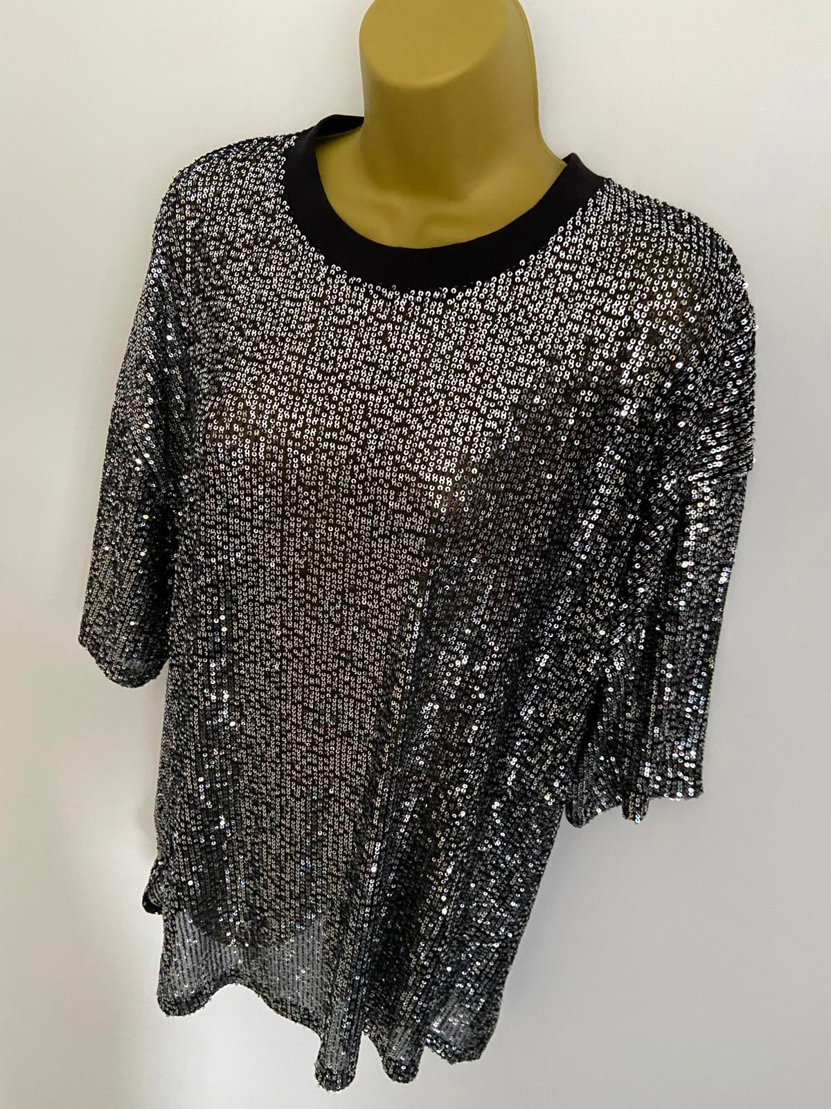 F&F Size Large Sparkly Silver Sequin Black Short Sleeve Party Top T-Shirt