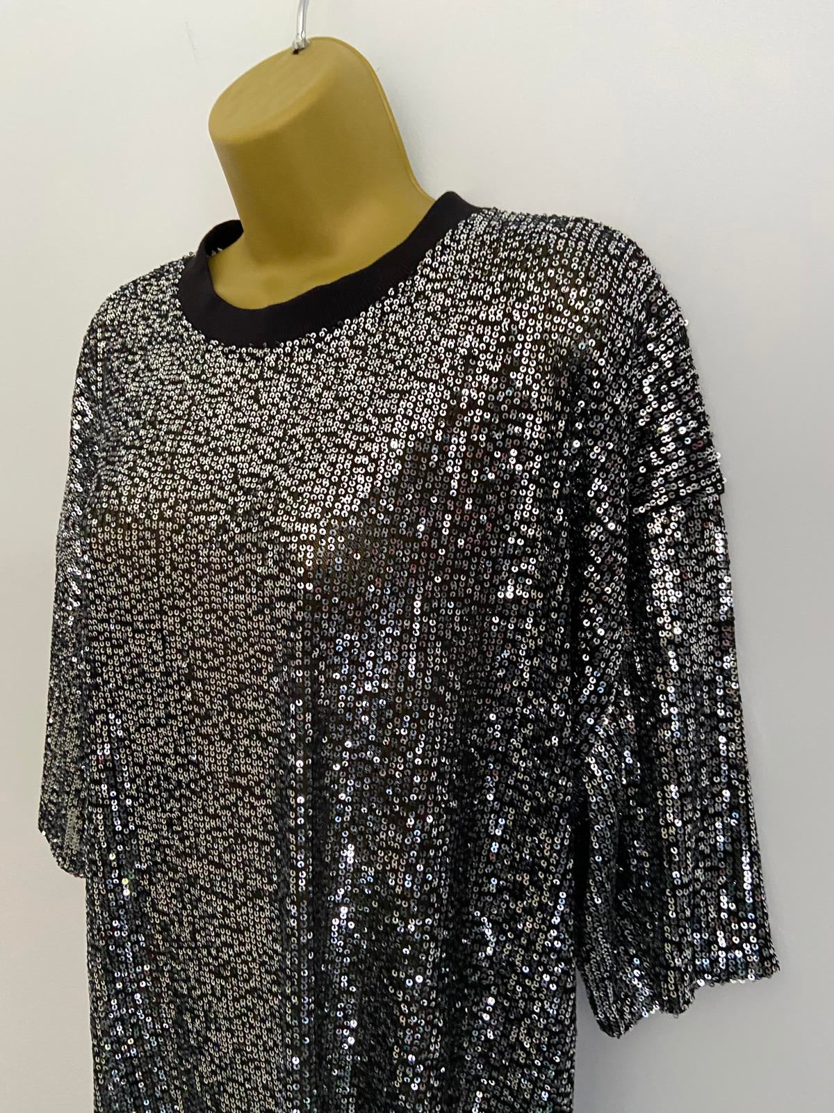 F&F Size Large Sparkly Silver Sequin Black Short Sleeve Party Top T-Shirt