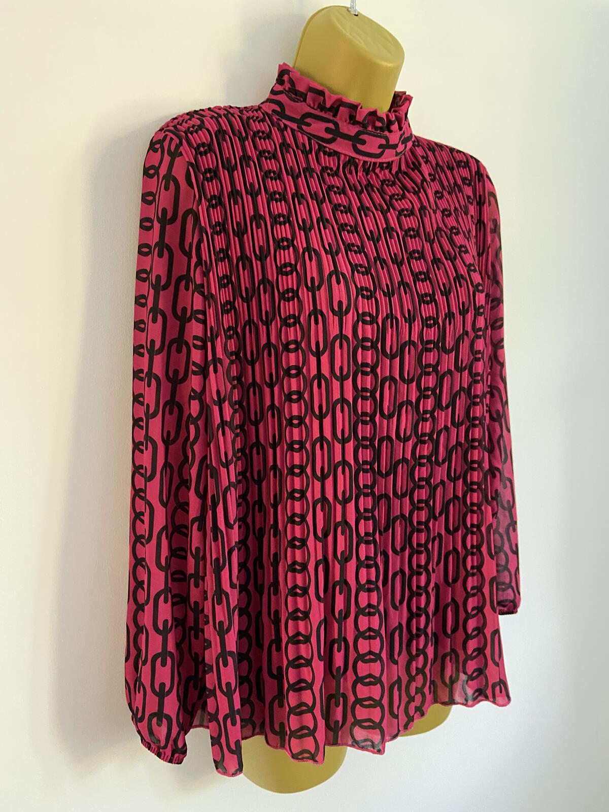 Bright Pink Chain Print Plissé High Neck Blouse - Size 8