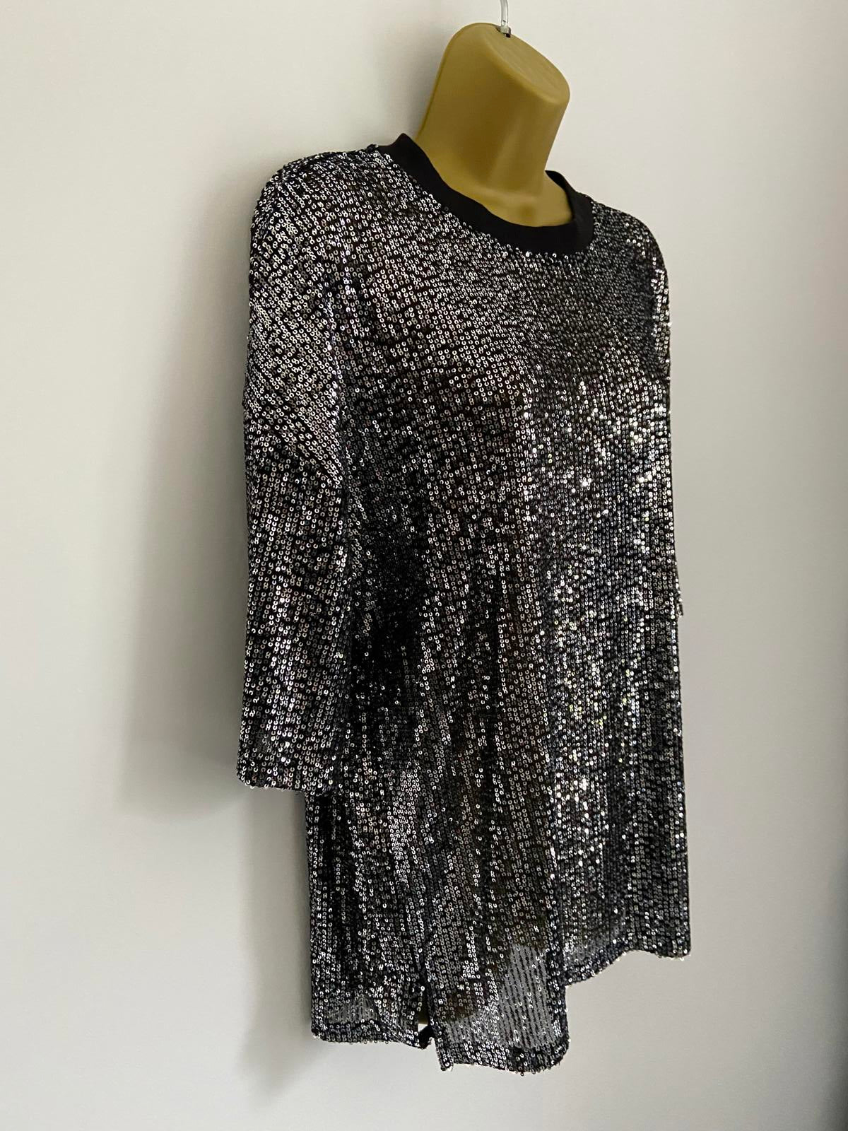 F&F Size Large Sparkly Silver Sequin Black Short Sleeve Party Top T-Shirt