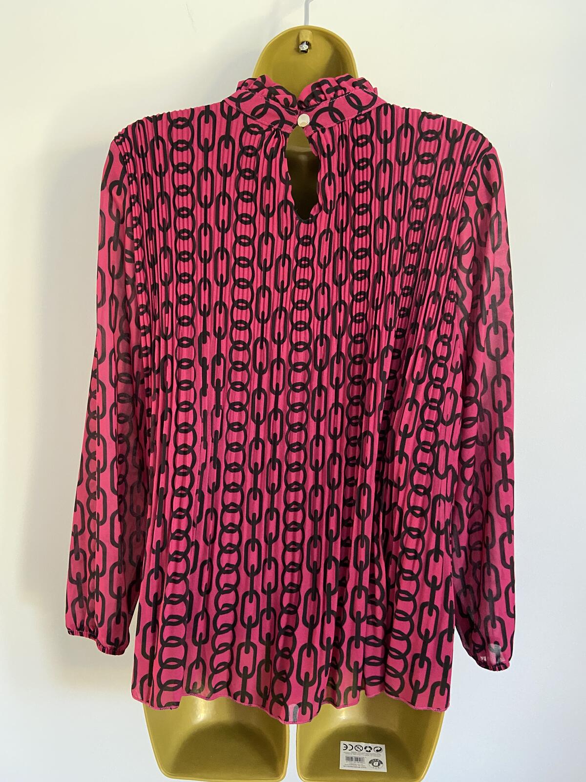 Bright Pink Chain Print Plissé High Neck Blouse - Size 8