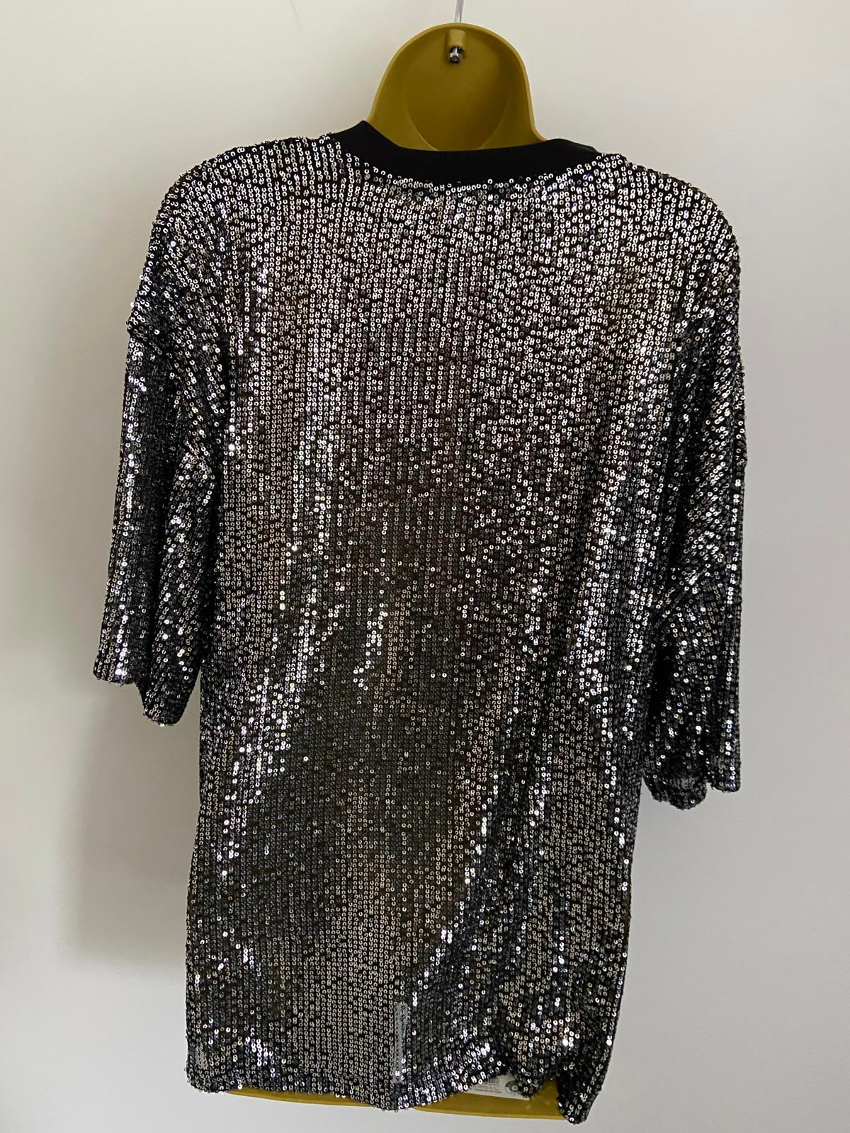F&F Size Large Sparkly Silver Sequin Black Short Sleeve Party Top T-Shirt