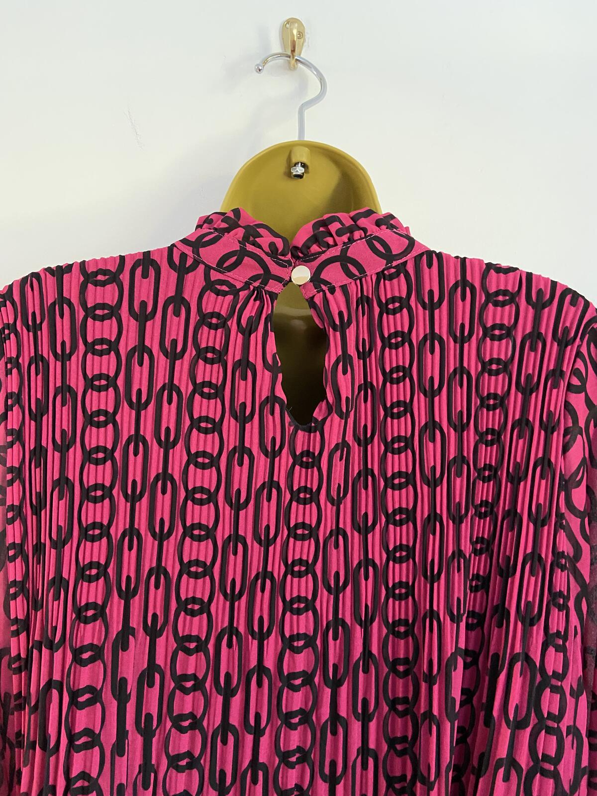 Bright Pink Chain Print Plissé High Neck Blouse - Size 8