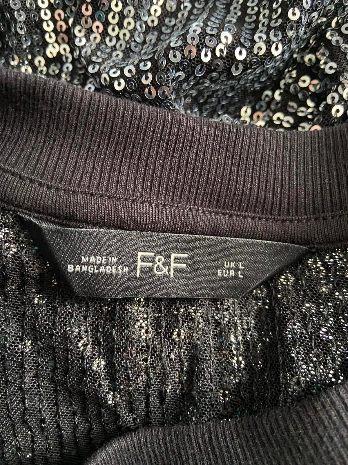 F&F Size Large Sparkly Silver Sequin Black Short Sleeve Party Top T-Shirt