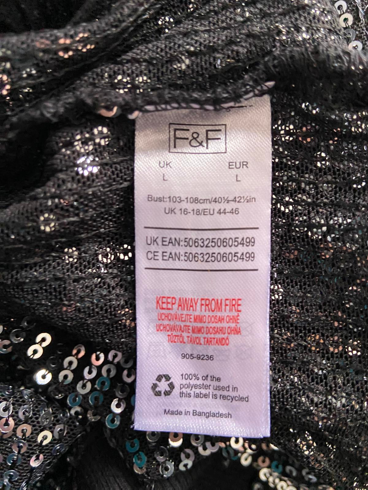 F&F Size Large Sparkly Silver Sequin Black Short Sleeve Party Top T-Shirt