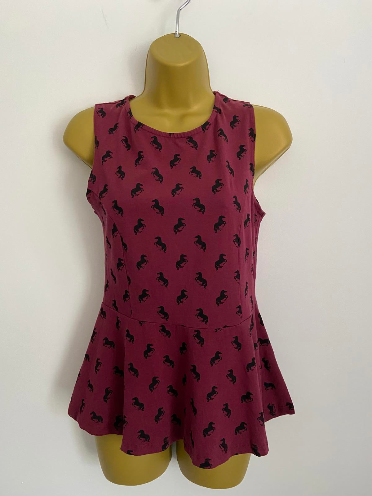 New Look Size 12 Burgundy Sleeveless Top Horse Print Cotton Blend Casual Tank