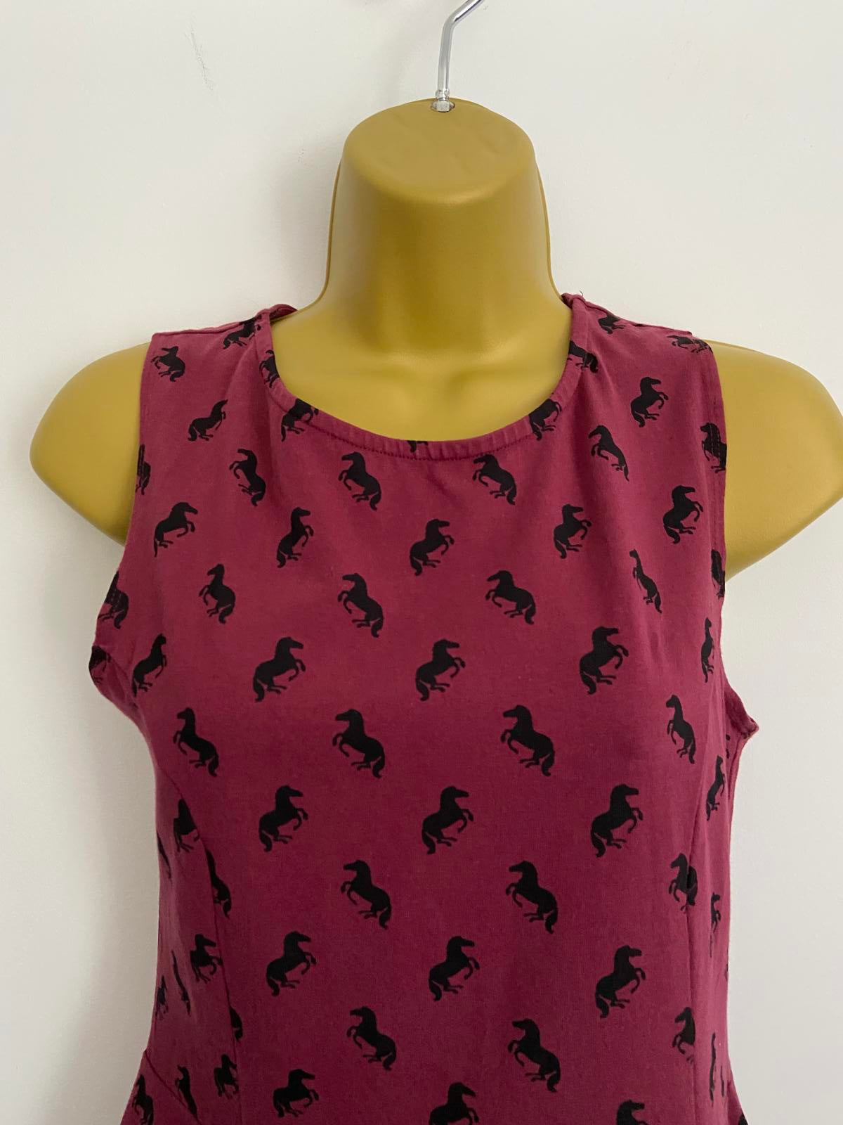 New Look Size 12 Burgundy Sleeveless Top Horse Print Cotton Blend Casual Tank