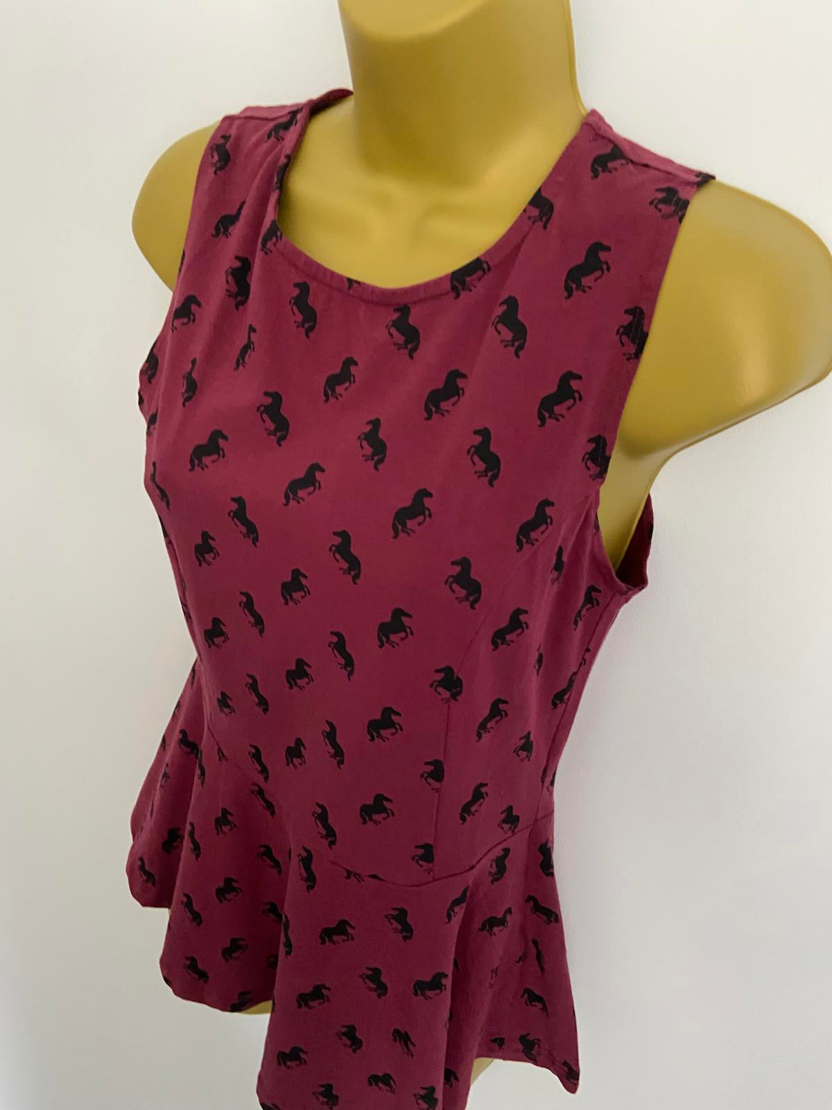 New Look Size 12 Burgundy Sleeveless Top Horse Print Cotton Blend Casual Tank