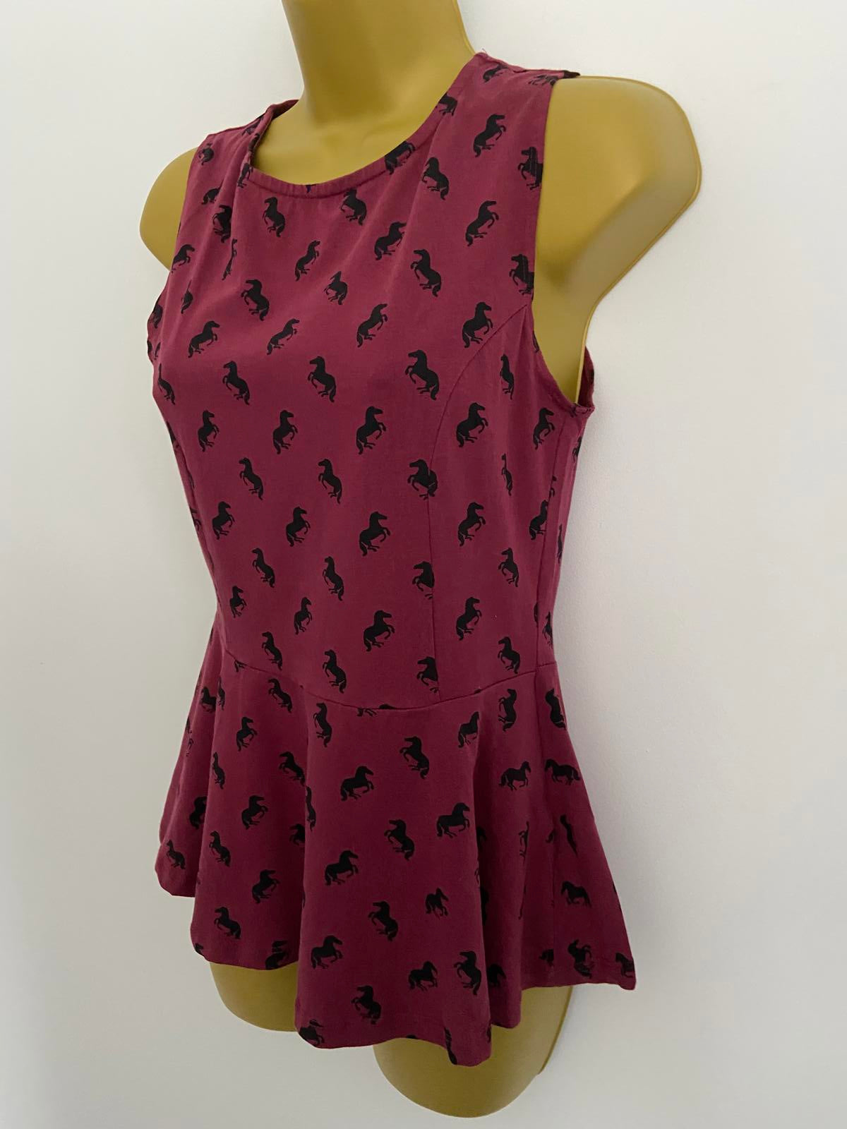 New Look Size 12 Burgundy Sleeveless Top Horse Print Cotton Blend Casual Tank