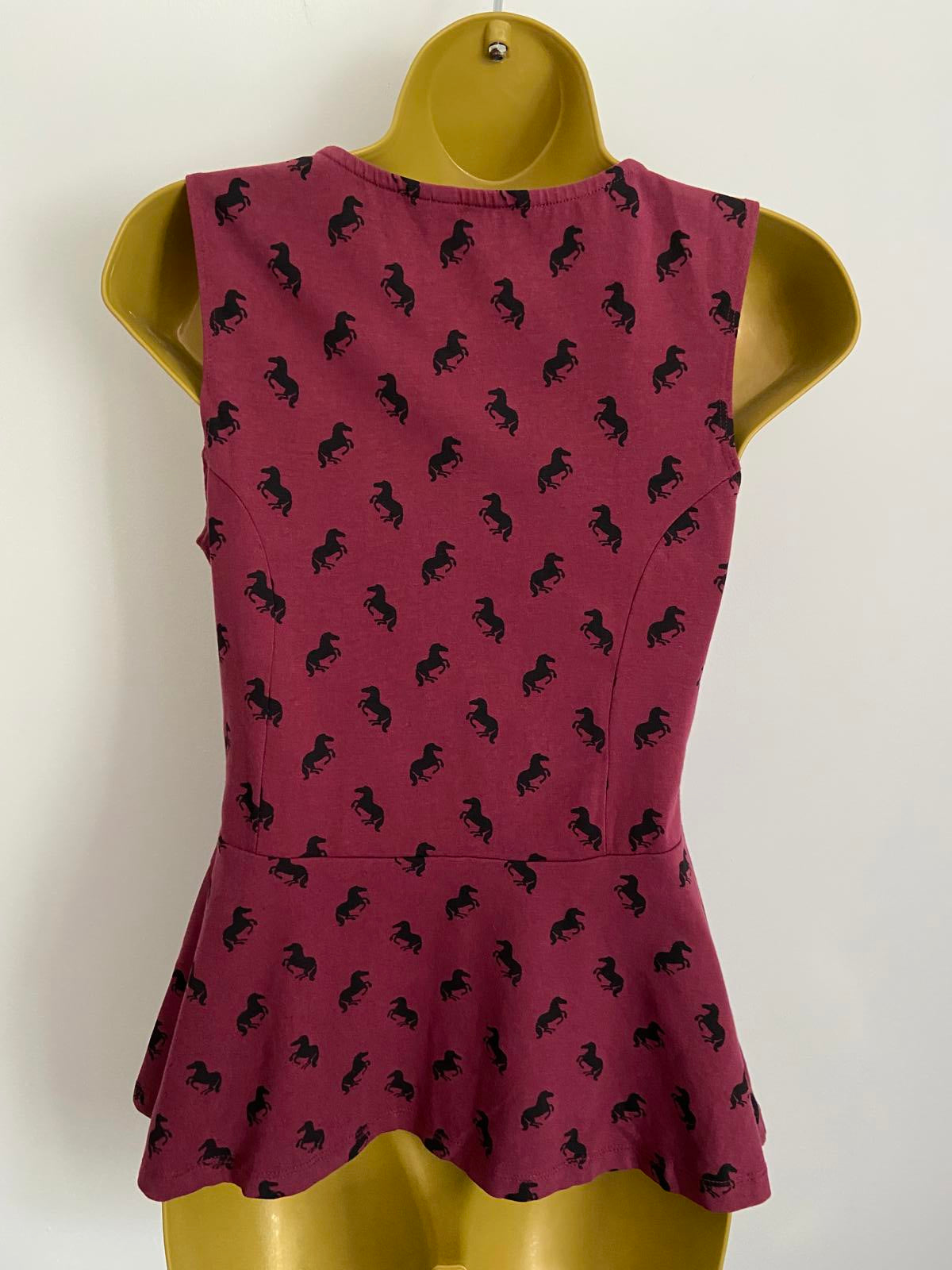 New Look Size 12 Burgundy Sleeveless Top Horse Print Cotton Blend Casual Tank
