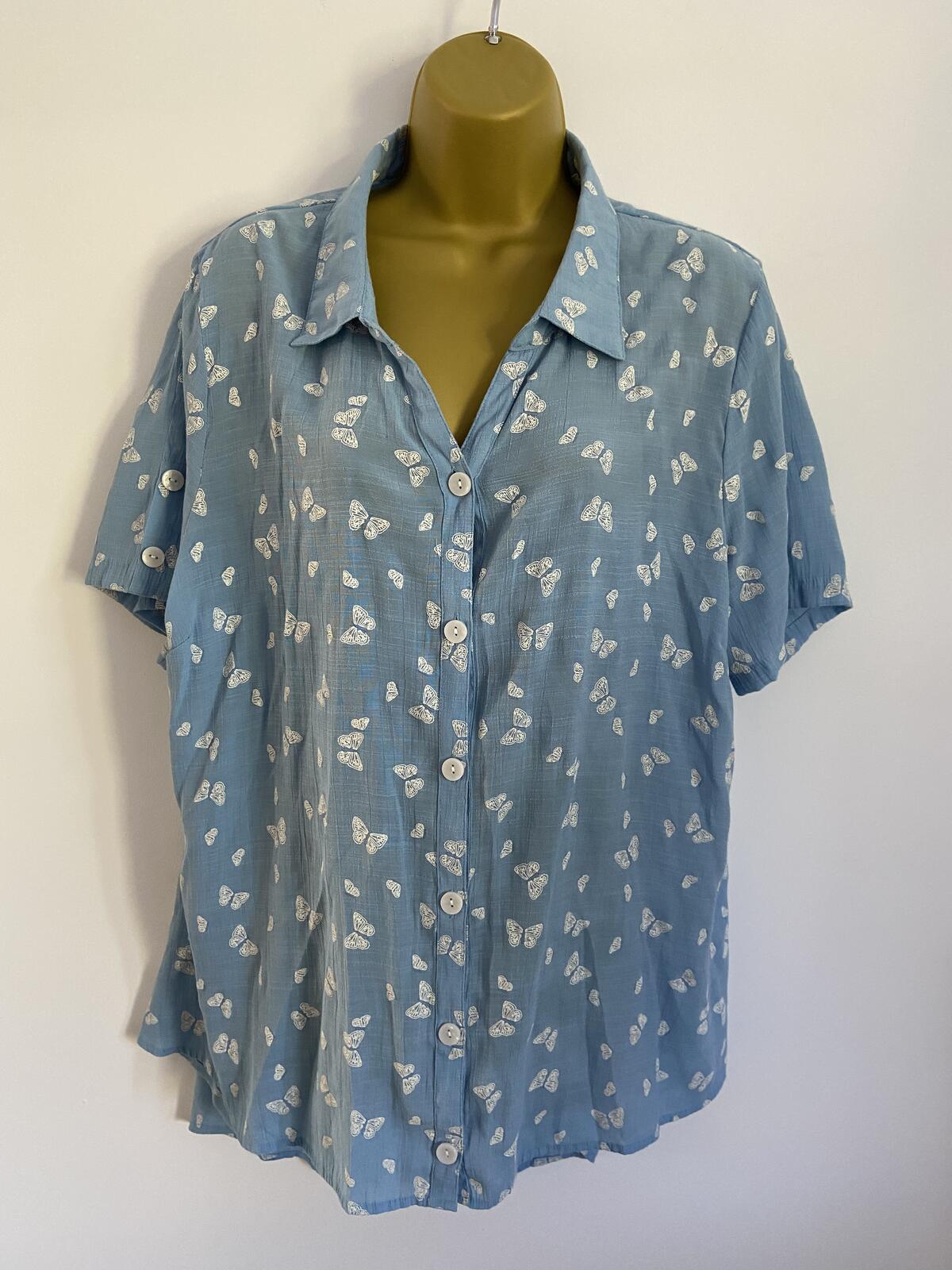 Anna Rose Blue Butterfly Print Button-Front Blouse - UK Size 20