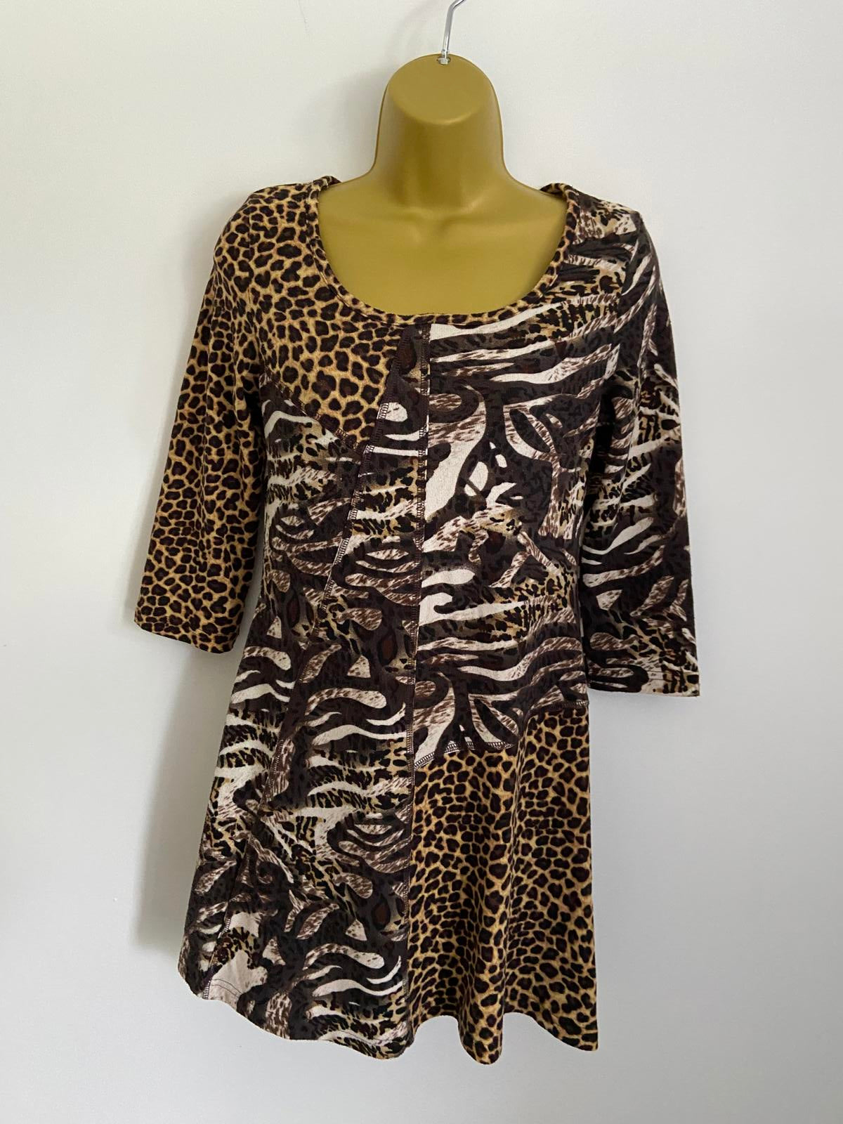 QED London Size Small Animal Patchwork Dress Leopard Zebra Print 3/4 Sleeve
