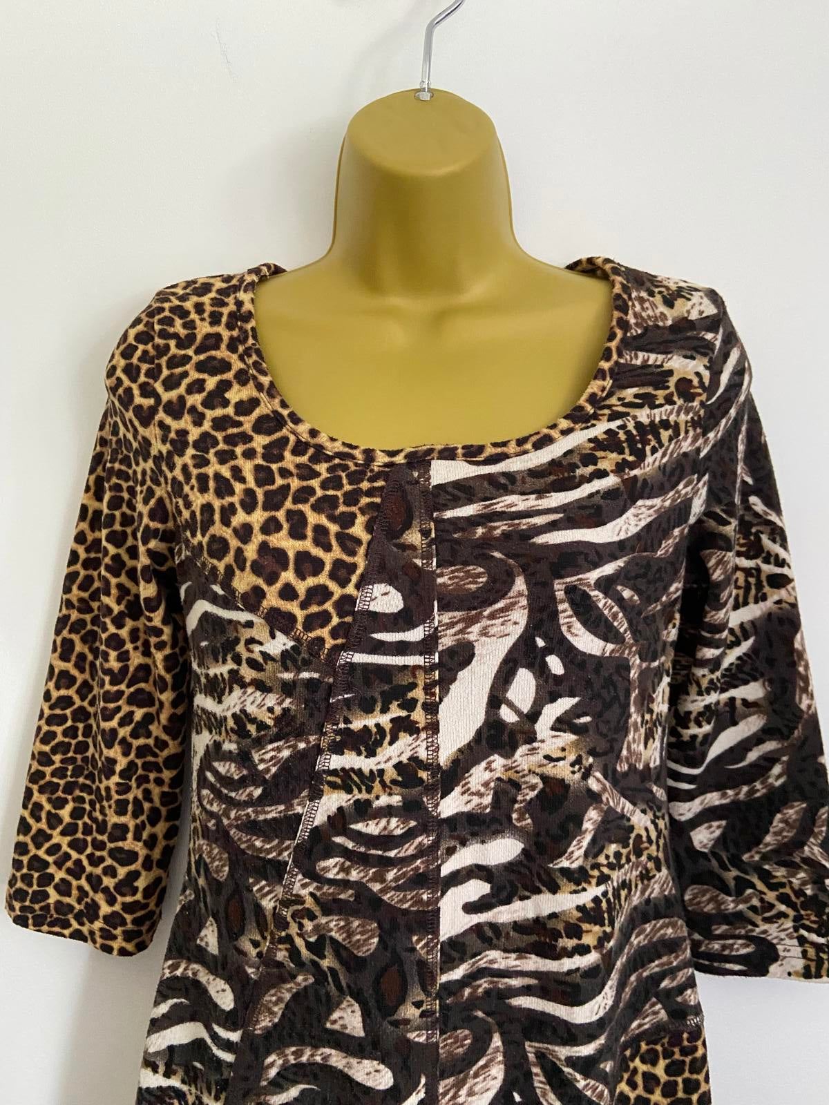 QED London Size Small Animal Patchwork Dress Leopard Zebra Print 3/4 Sleeve