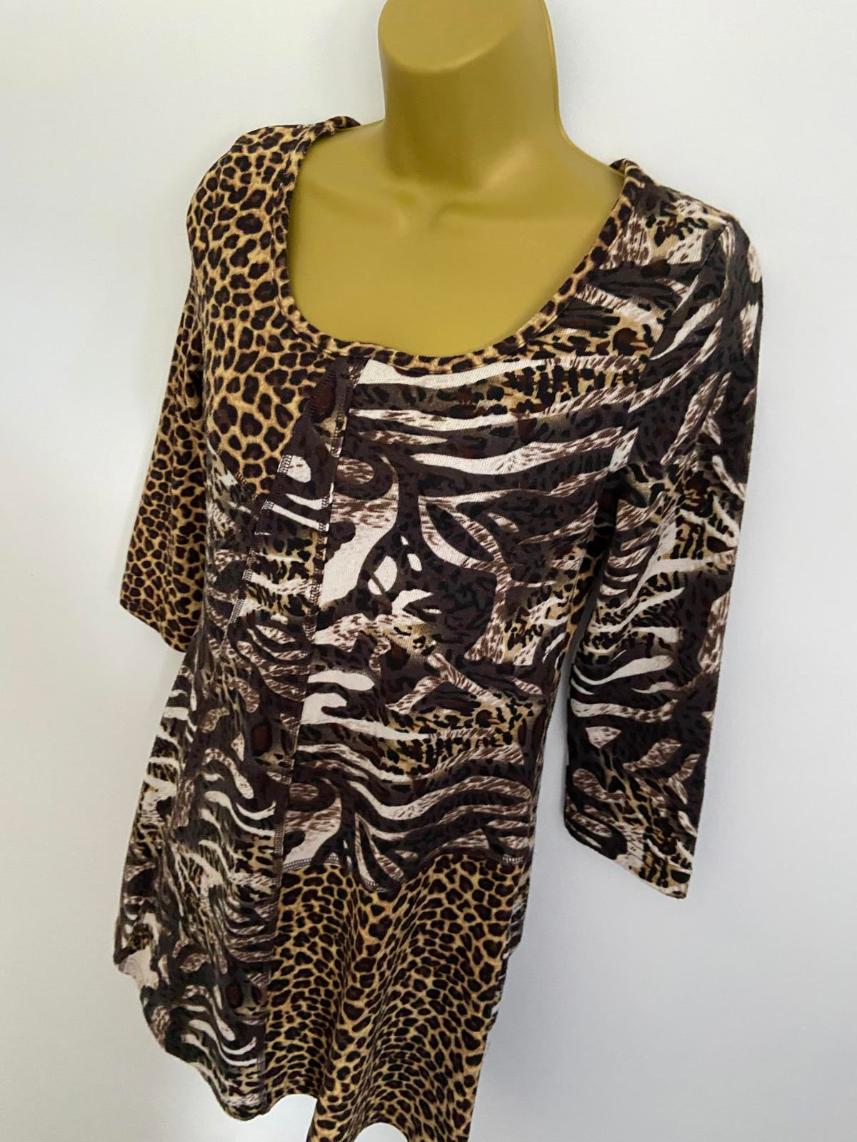 QED London Size Small Animal Patchwork Dress Leopard Zebra Print 3/4 Sleeve