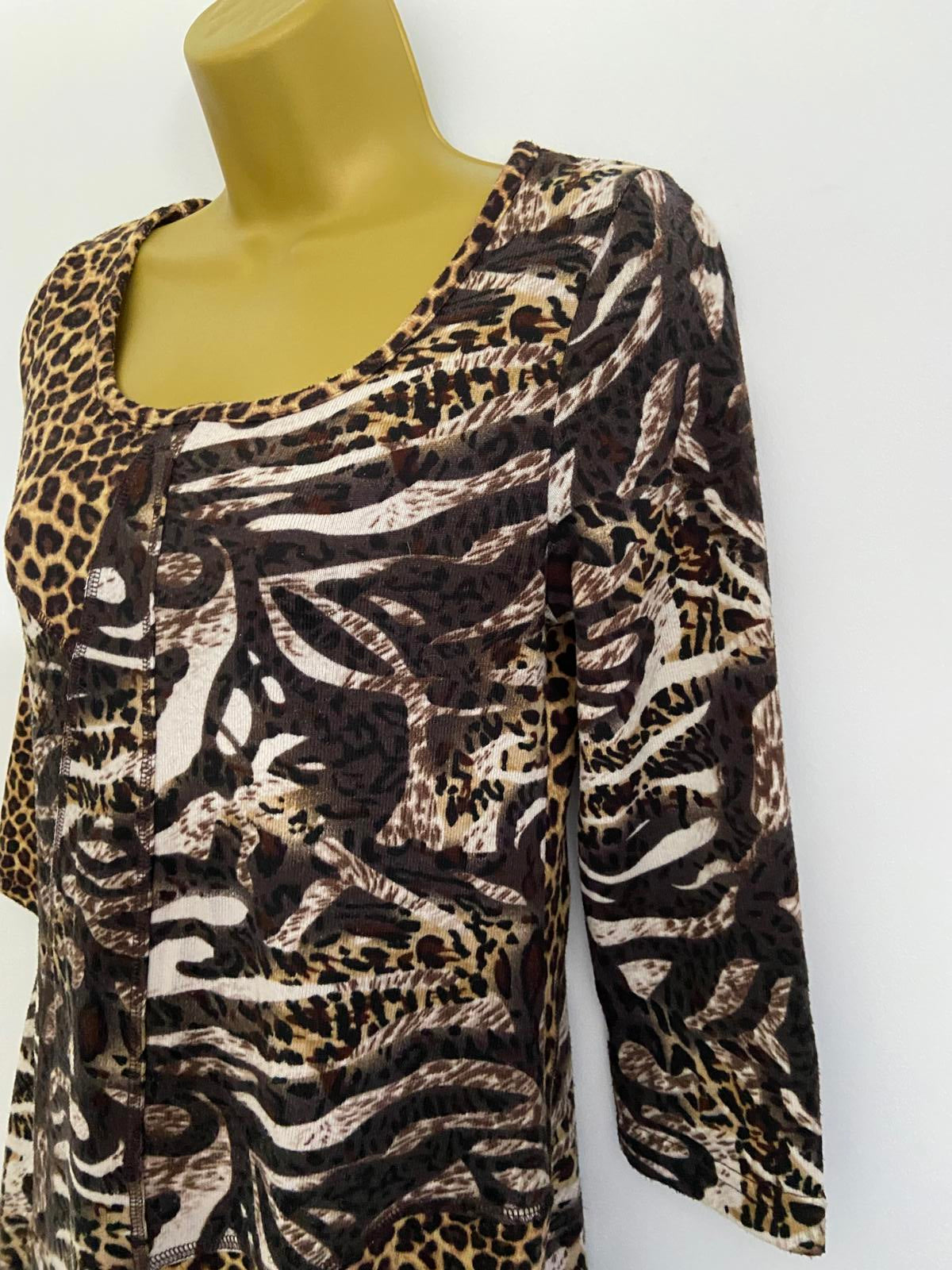 QED London Size Small Animal Patchwork Dress Leopard Zebra Print 3/4 Sleeve