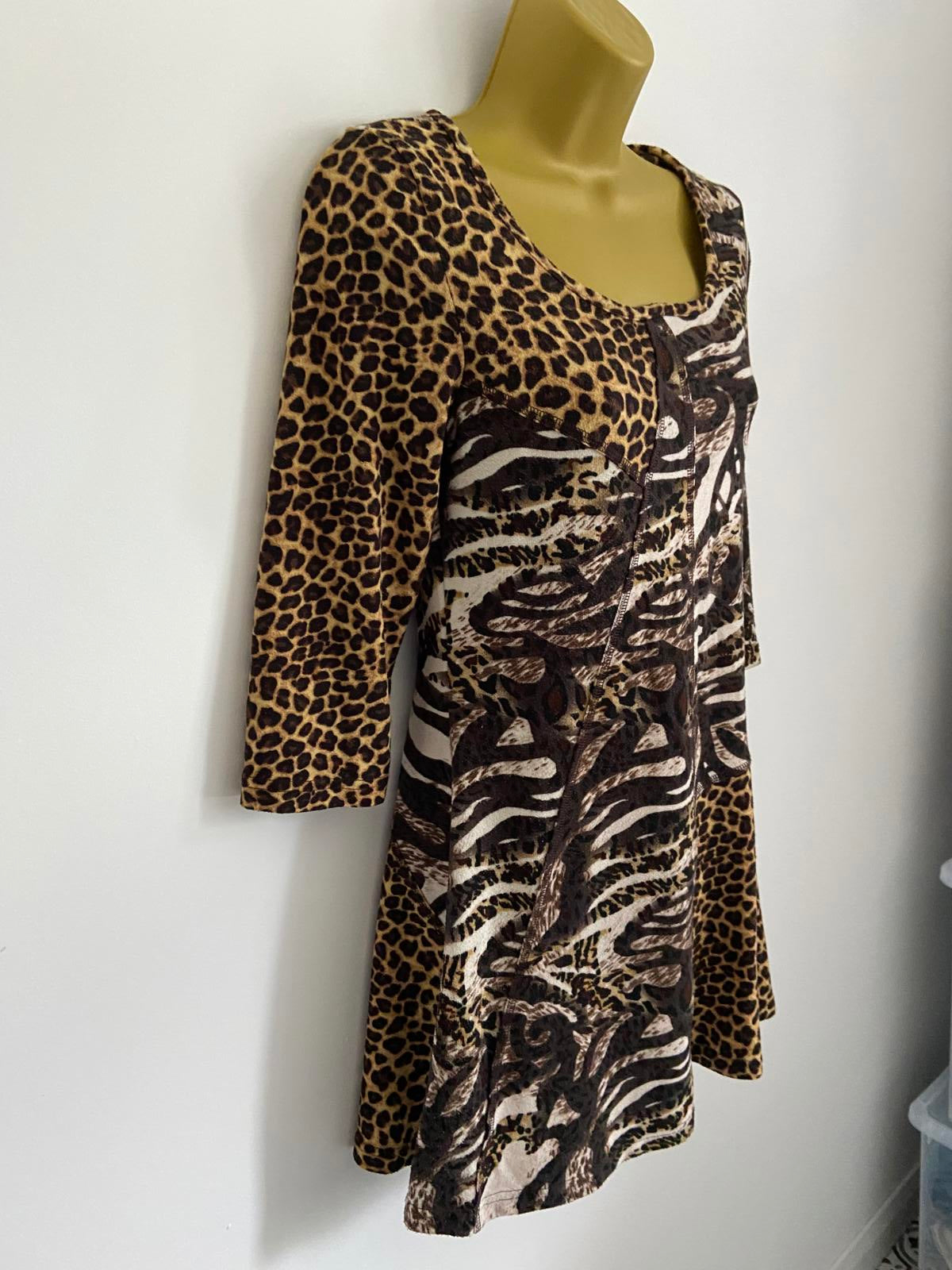 QED London Size Small Animal Patchwork Dress Leopard Zebra Print 3/4 Sleeve