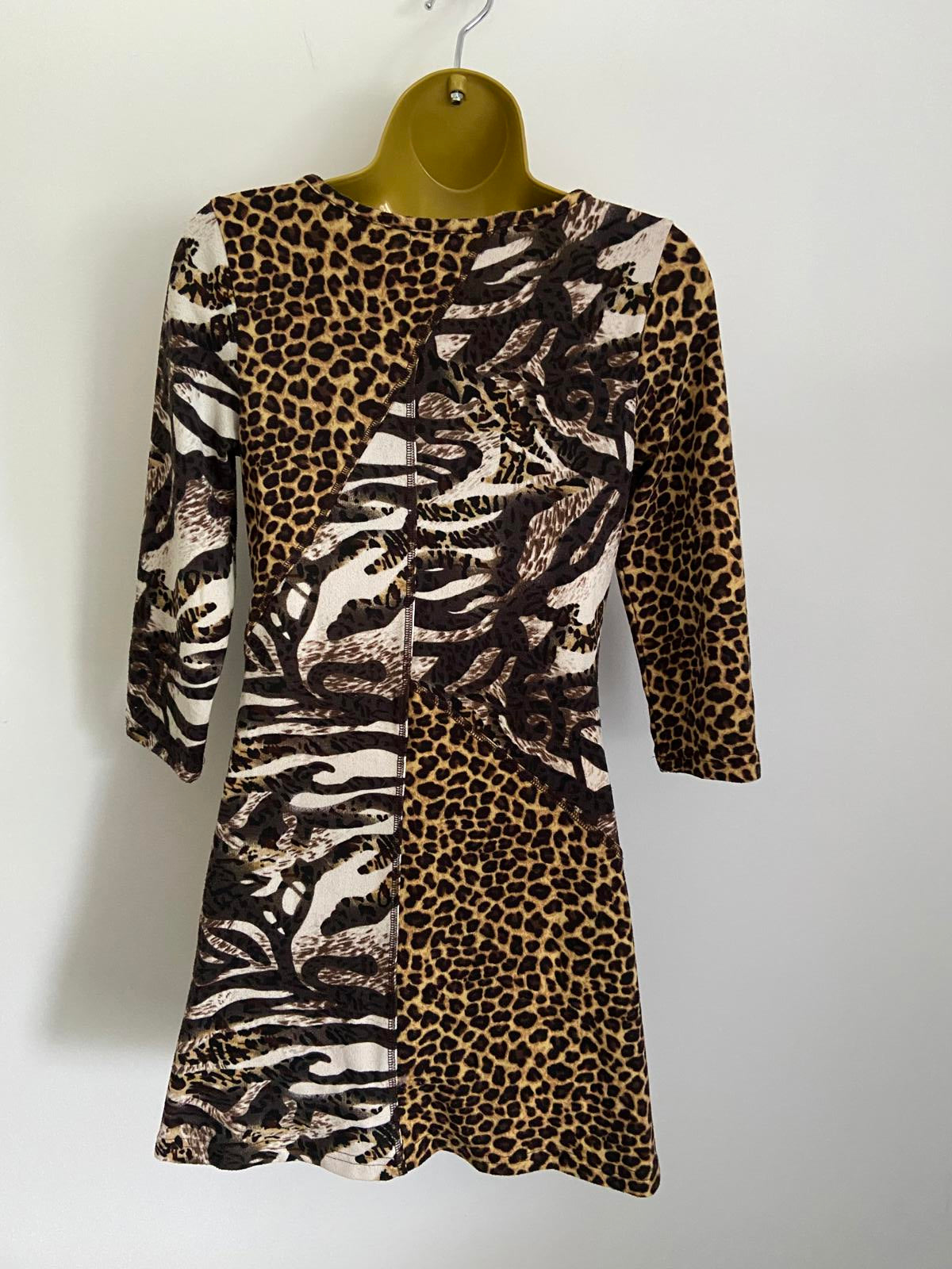 QED London Size Small Animal Patchwork Dress Leopard Zebra Print 3/4 Sleeve