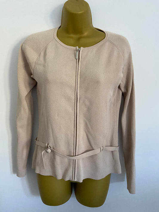 KALIKO Beige Lightweight Sweater - Full Zip, Belted Style, Size 10
