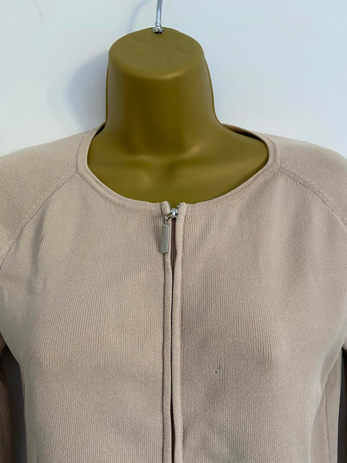 KALIKO Beige Lightweight Sweater - Full Zip, Belted Style, Size 10