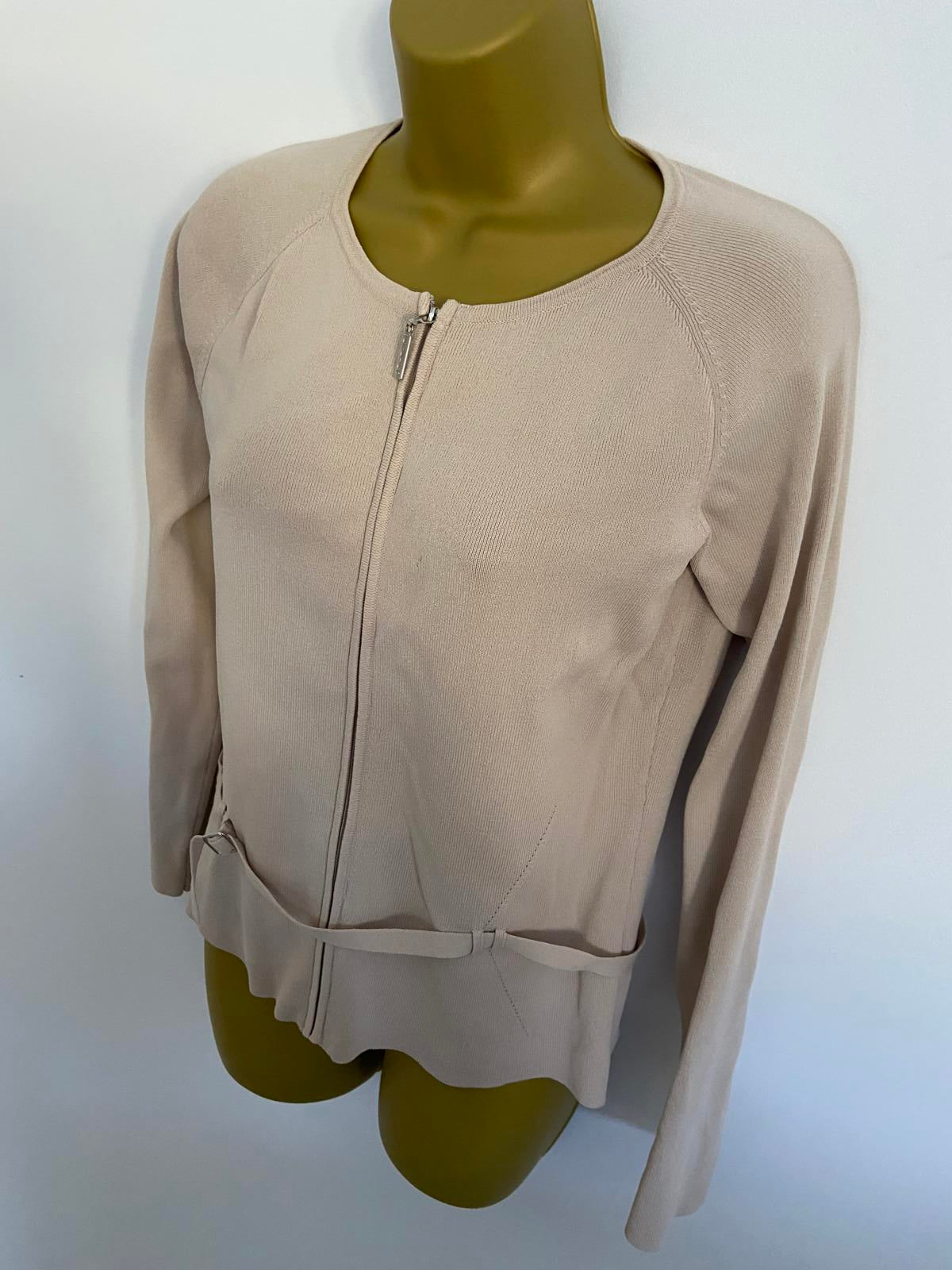 KALIKO Beige Lightweight Sweater - Full Zip, Belted Style, Size 10