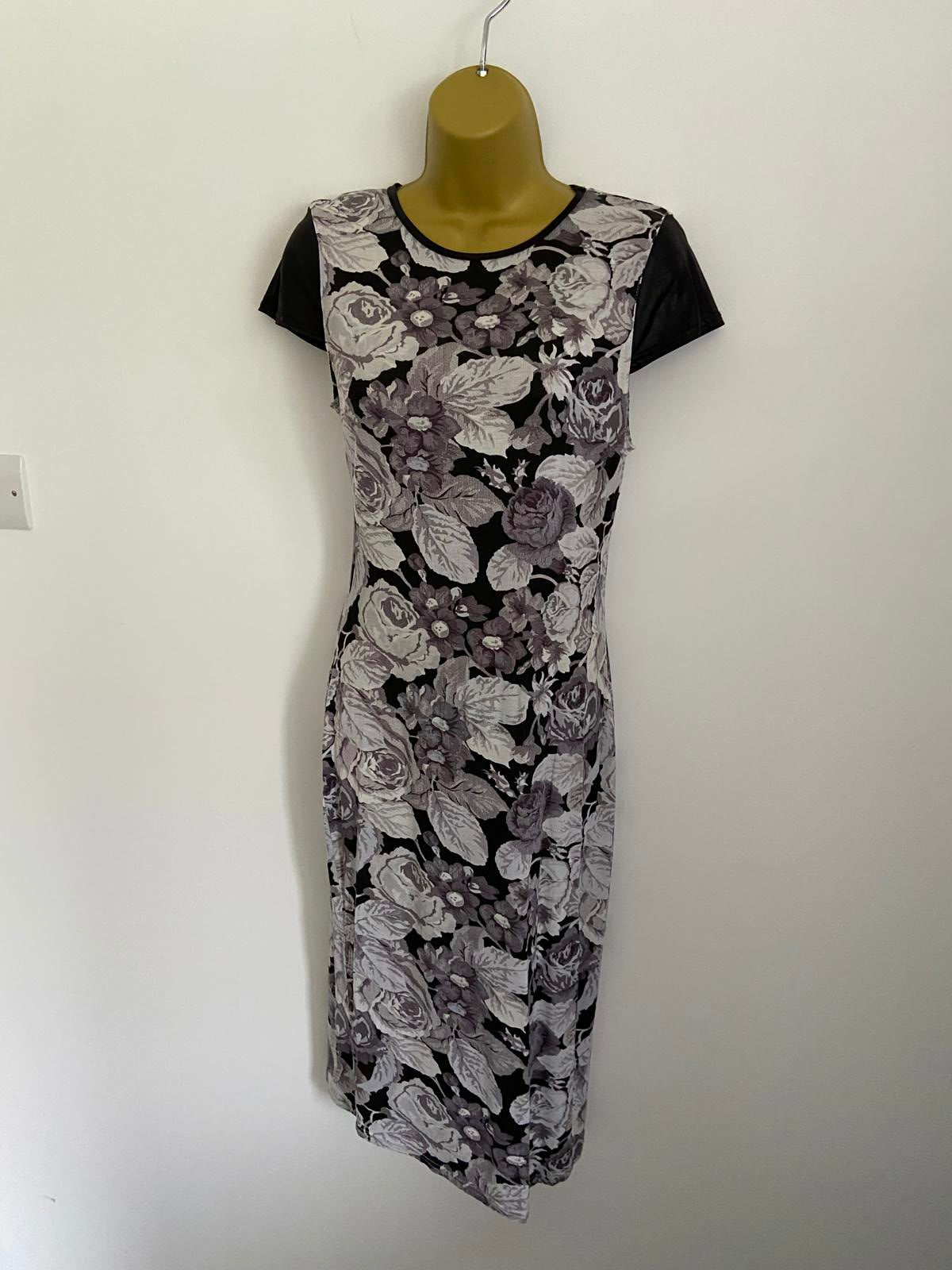 Atmosphere Size 12 Grey Floral Midi Dress Faux Leather Short Sleeve Stretch