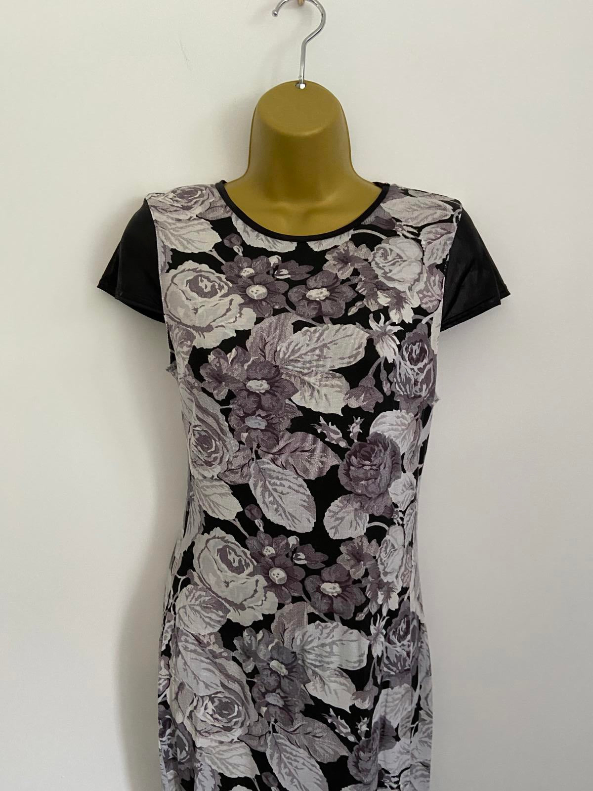Atmosphere Size 12 Grey Floral Midi Dress Faux Leather Short Sleeve Stretch