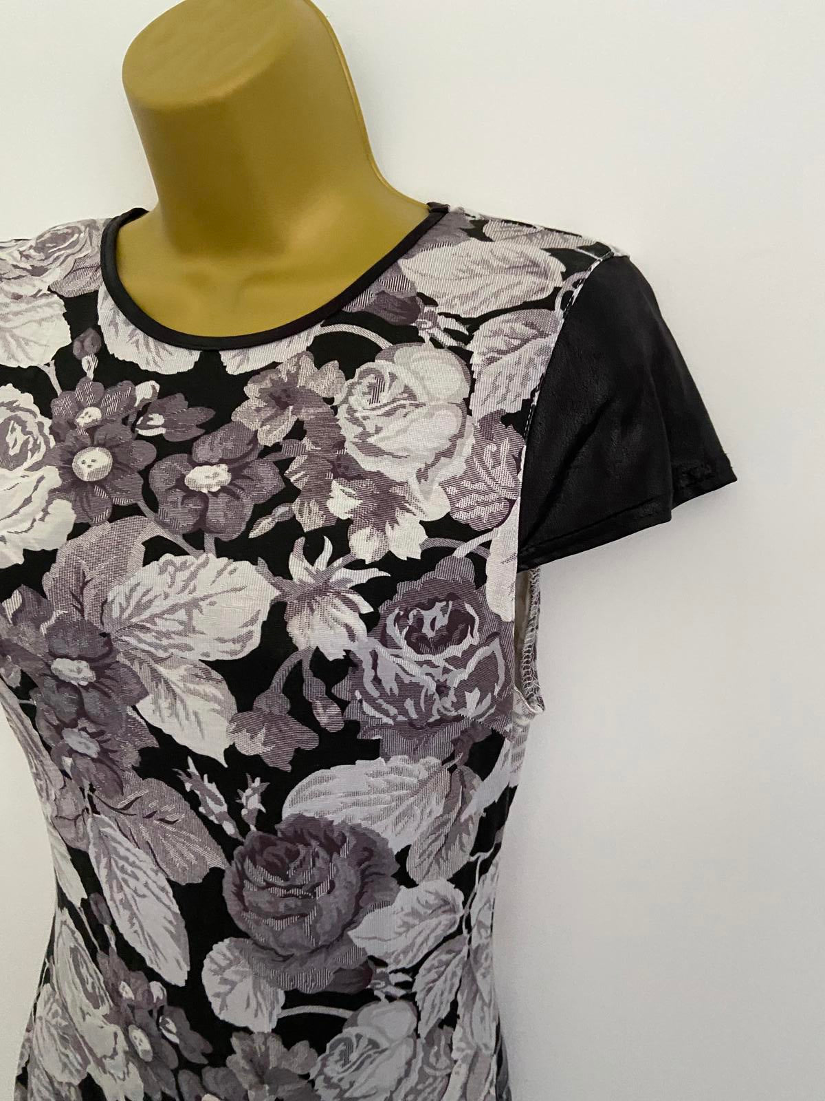 Atmosphere Size 12 Grey Floral Midi Dress Faux Leather Short Sleeve Stretch