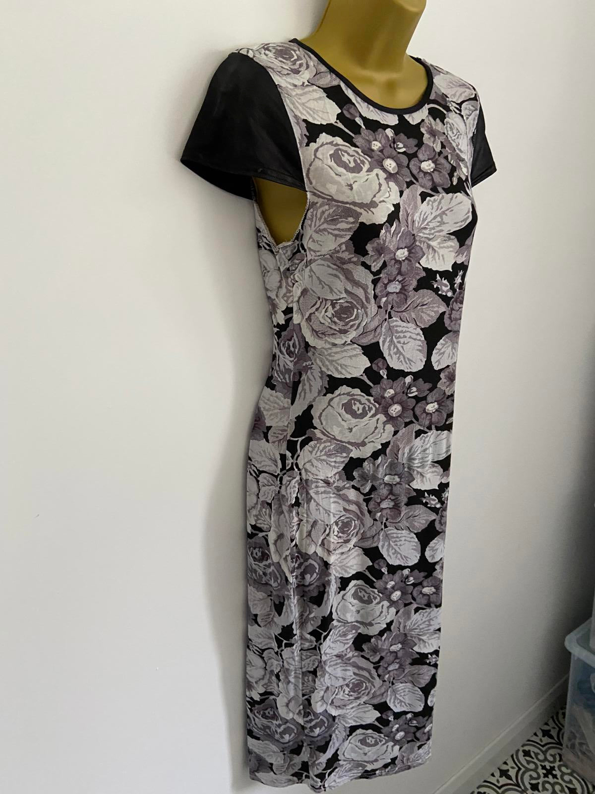 Atmosphere Size 12 Grey Floral Midi Dress Faux Leather Short Sleeve Stretch