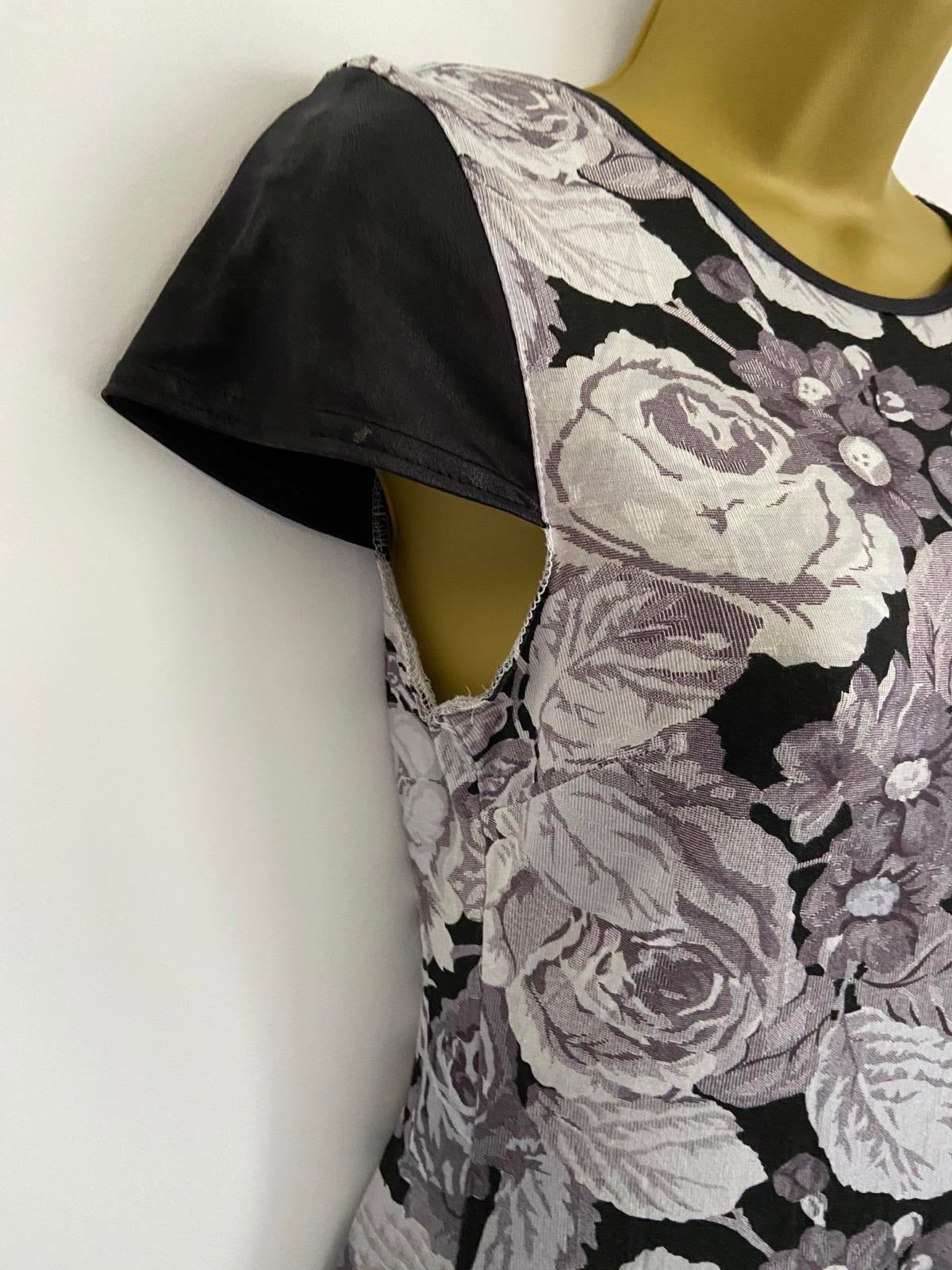 Atmosphere Size 12 Grey Floral Midi Dress Faux Leather Short Sleeve Stretch