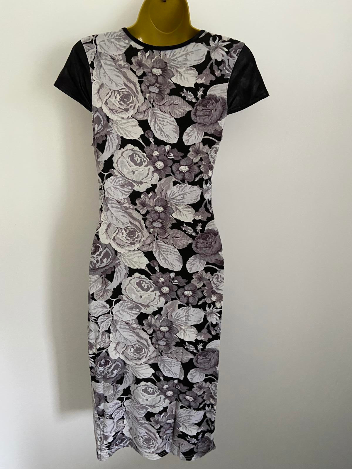 Atmosphere Size 12 Grey Floral Midi Dress Faux Leather Short Sleeve Stretch