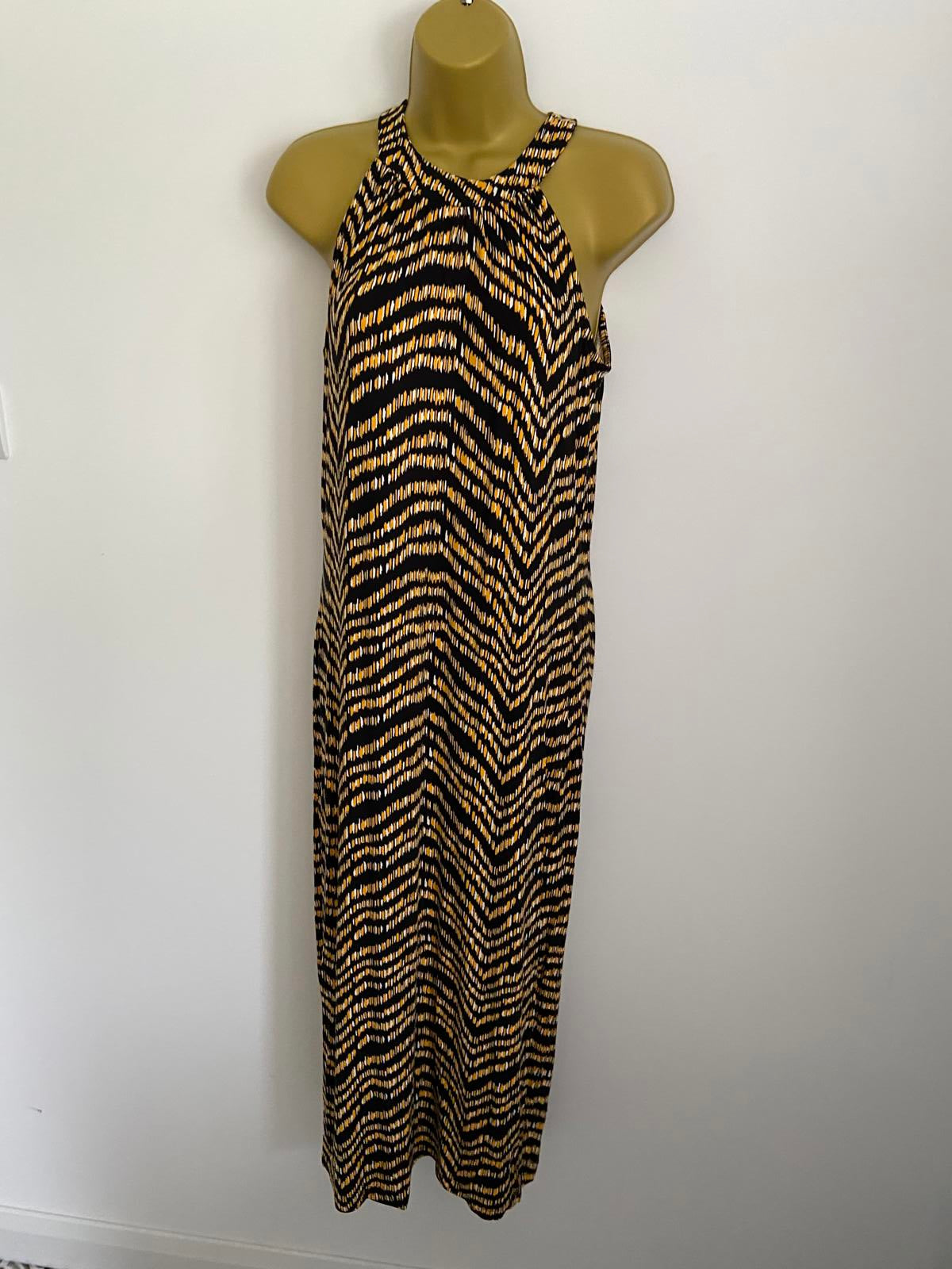 Peacocks Size 10 Black Maxi Dress Yellow White Pattern Halter Neck Stretchy