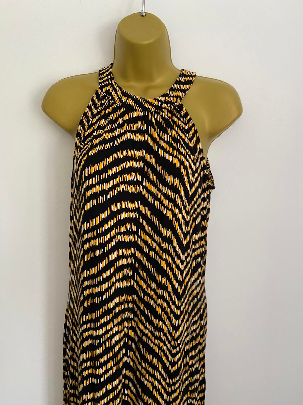Peacocks Size 10 Black Maxi Dress Yellow White Pattern Halter Neck Stretchy