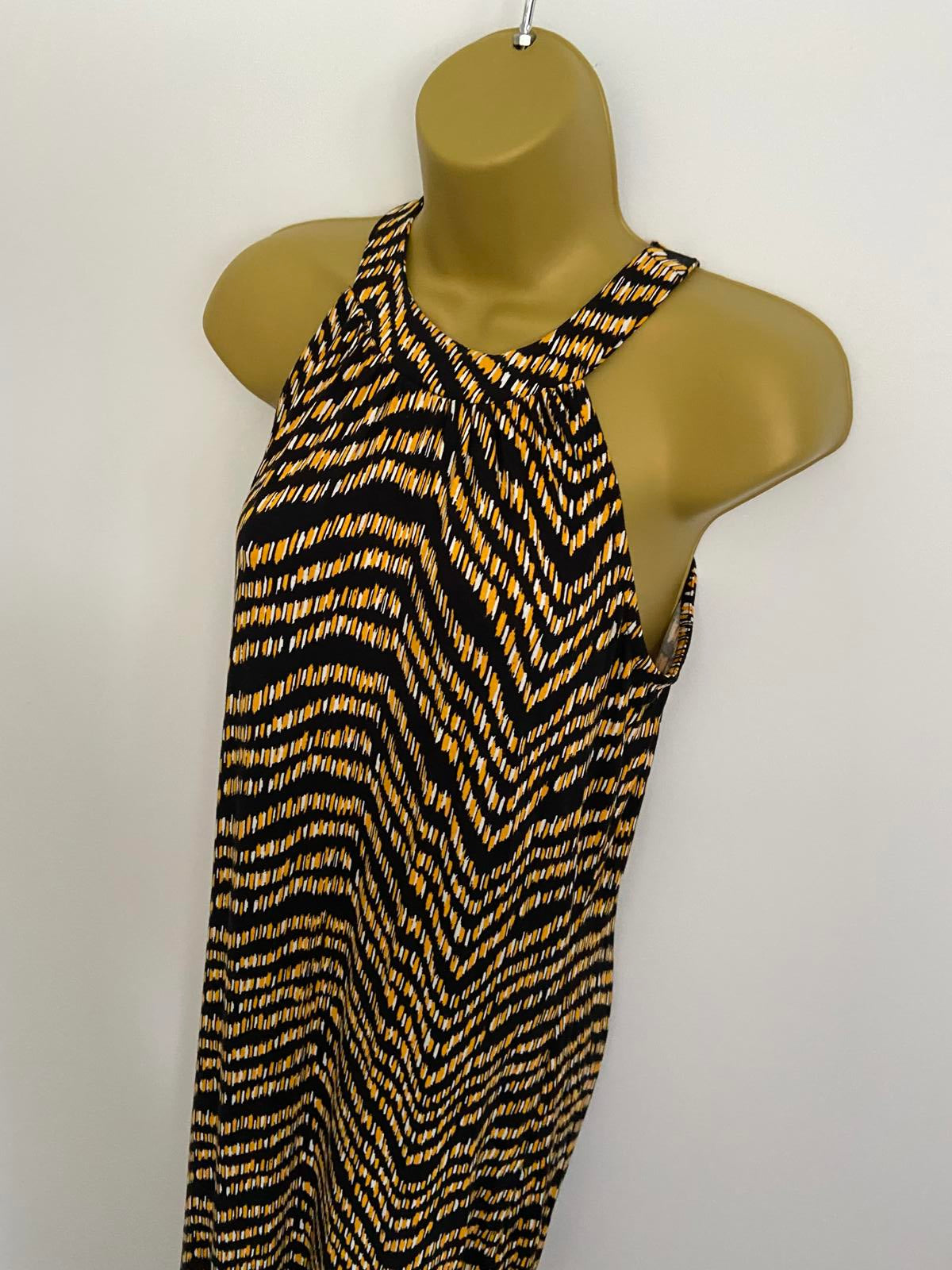 Peacocks Size 10 Black Maxi Dress Yellow White Pattern Halter Neck Stretchy