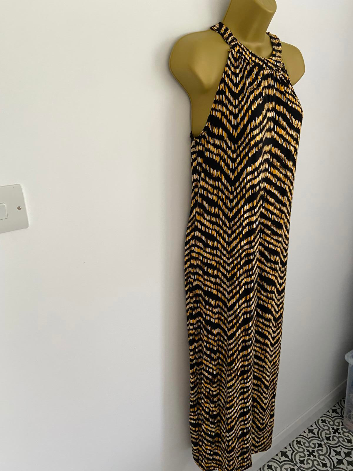 Peacocks Size 10 Black Maxi Dress Yellow White Pattern Halter Neck Stretchy