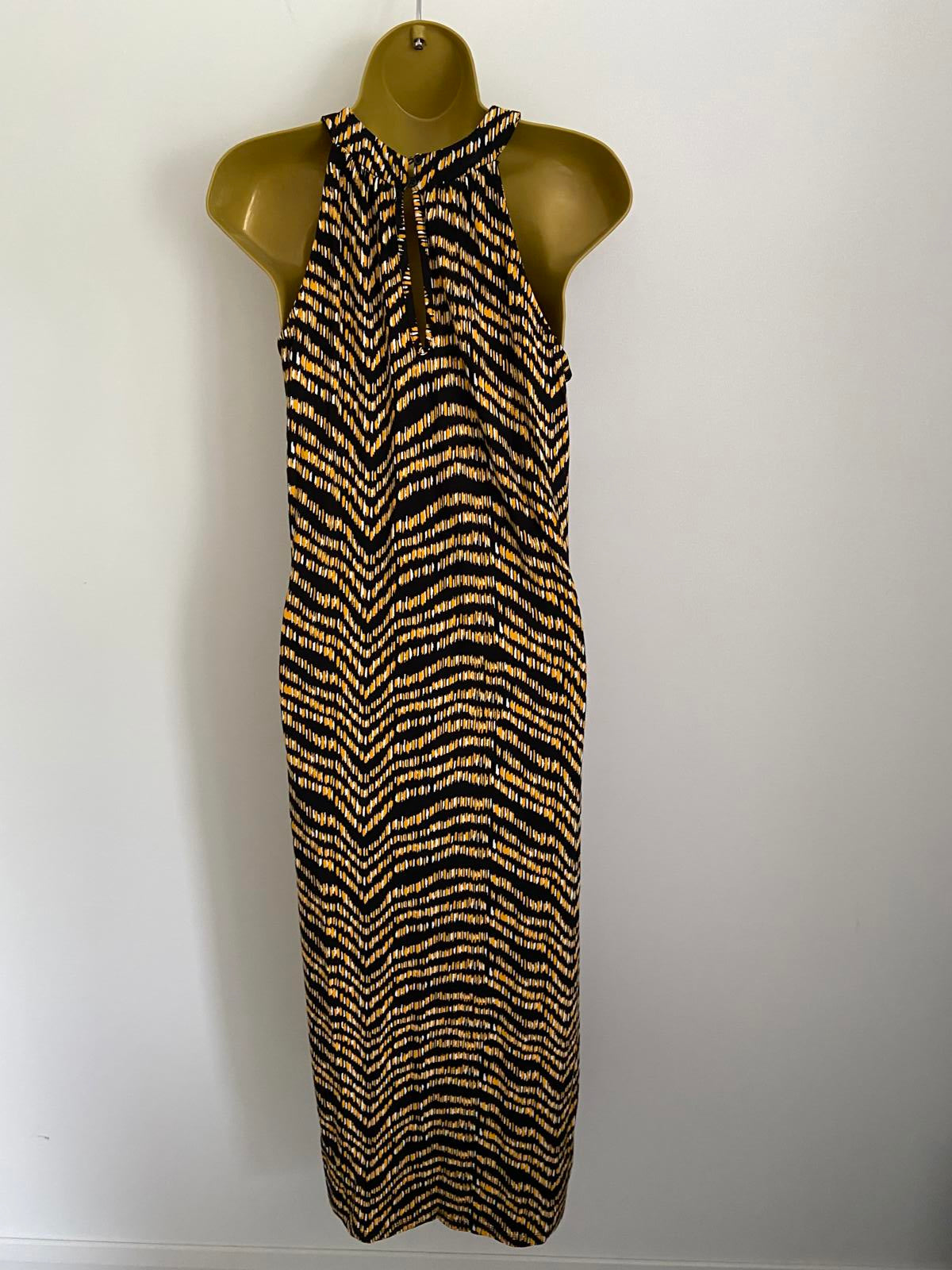 Peacocks Size 10 Black Maxi Dress Yellow White Pattern Halter Neck Stretchy