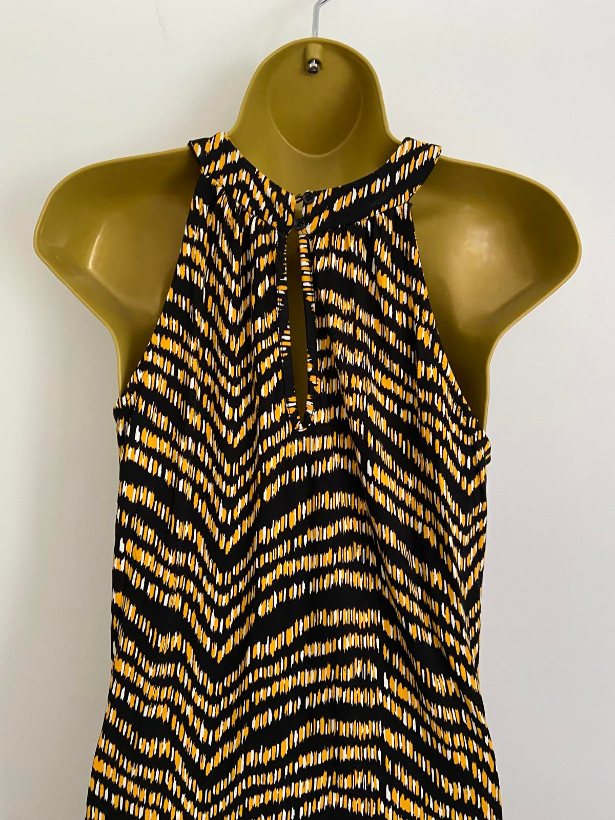 Peacocks Size 10 Black Maxi Dress Yellow White Pattern Halter Neck Stretchy