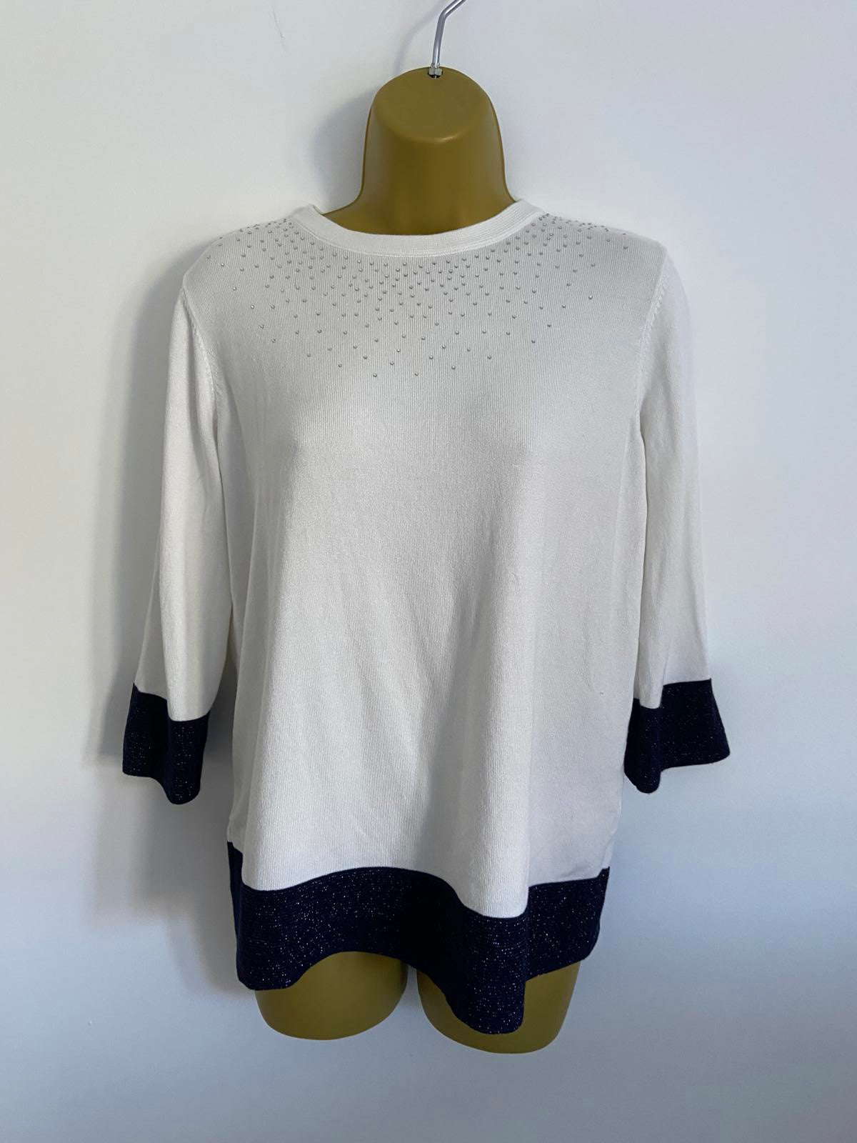 EURECO White Lightweight Sweater - Blue Glitter Trim, Sequin Detail, Size Small