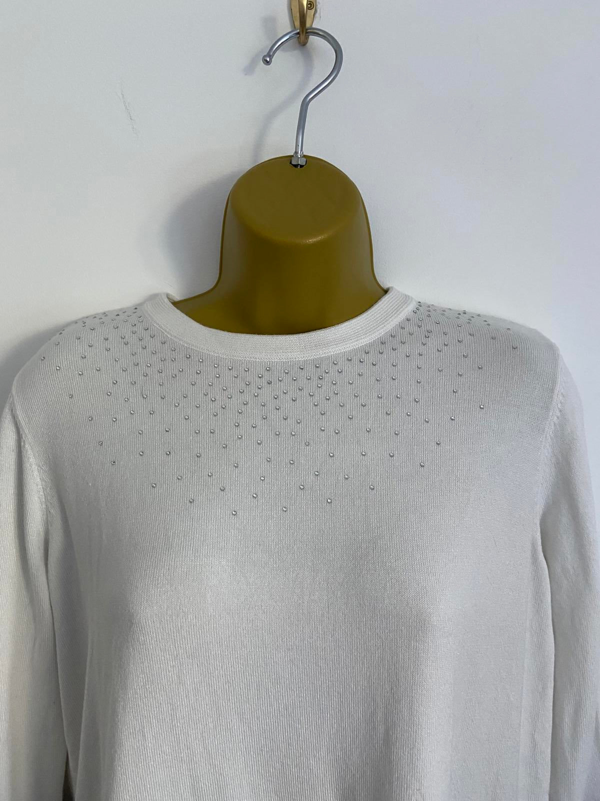 EURECO White Lightweight Sweater - Blue Glitter Trim, Sequin Detail, Size Small