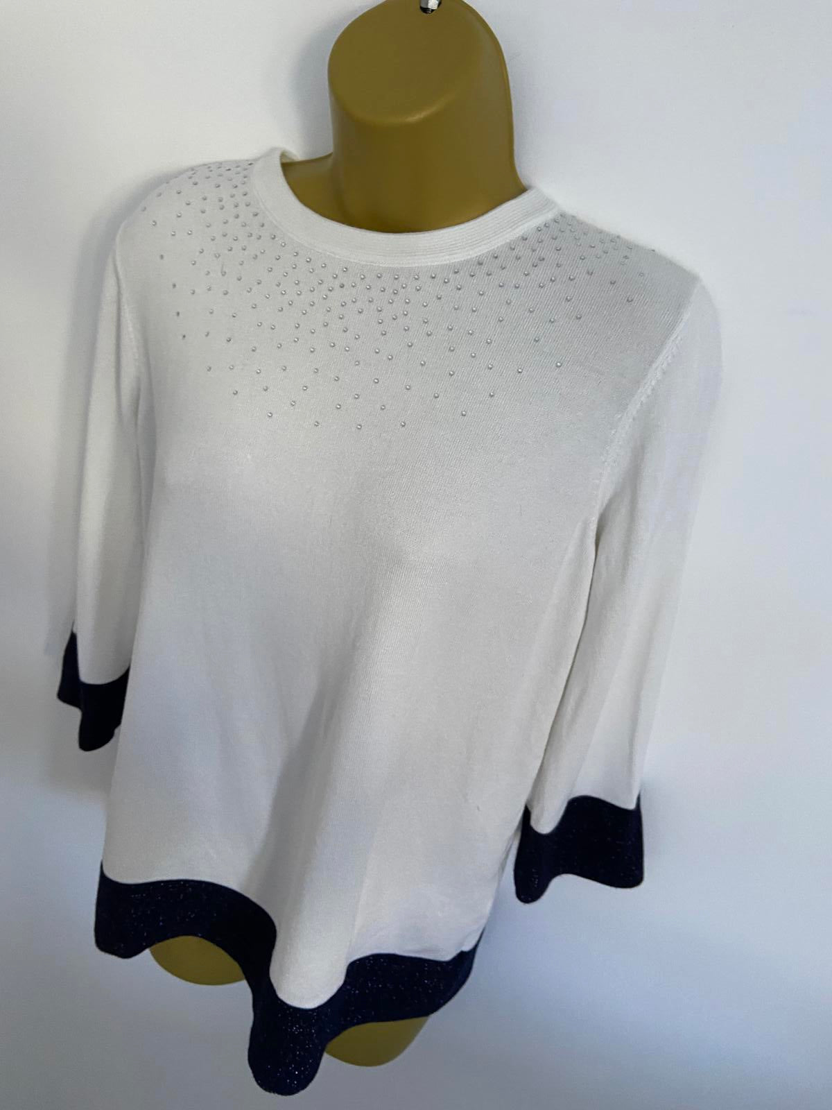 EURECO White Lightweight Sweater - Blue Glitter Trim, Sequin Detail, Size Small