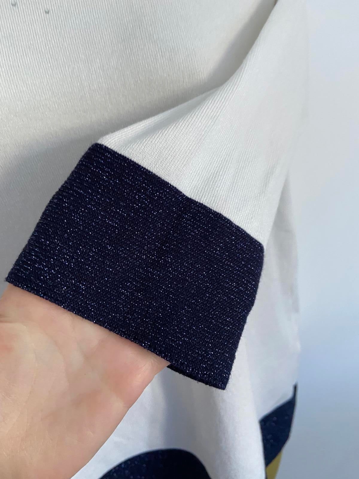 EURECO White Lightweight Sweater - Blue Glitter Trim, Sequin Detail, Size Small