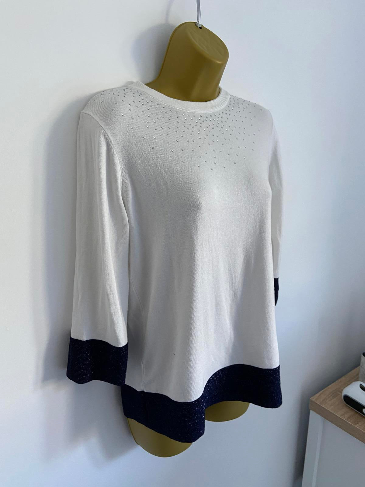 EURECO White Lightweight Sweater - Blue Glitter Trim, Sequin Detail, Size Small