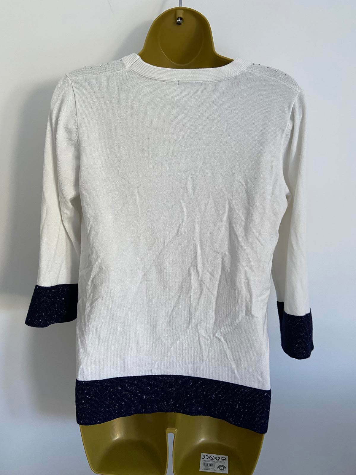 EURECO White Lightweight Sweater - Blue Glitter Trim, Sequin Detail, Size Small