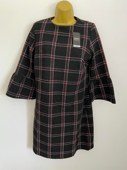 Papaya Size 10 Black Check Plaid Shift Dress Bell Sleeve Red White Detail New