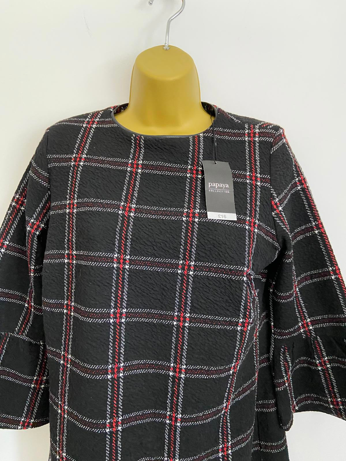 Papaya Size 10 Black Check Plaid Shift Dress Bell Sleeve Red White Detail New