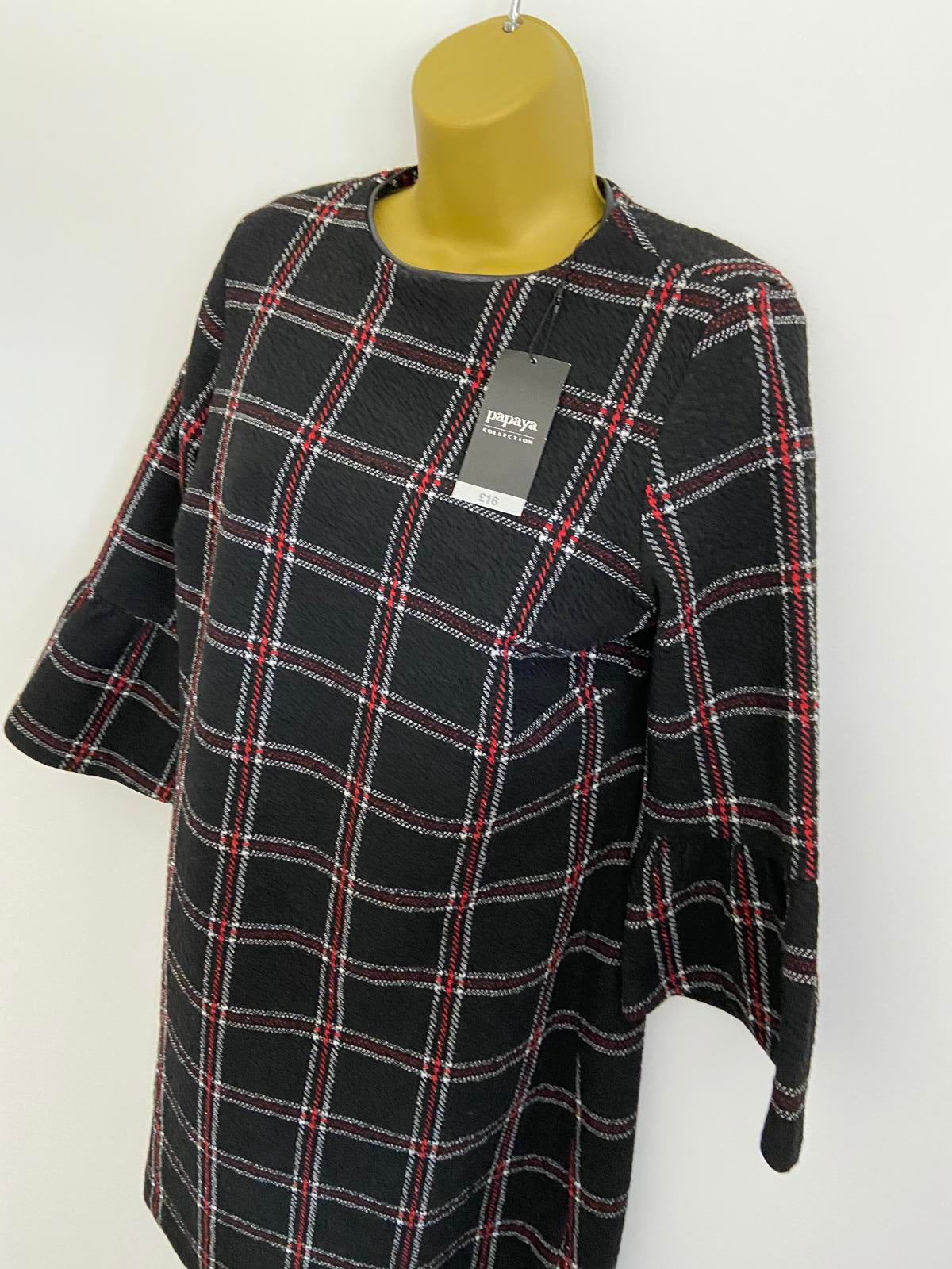 Papaya Size 10 Black Check Plaid Shift Dress Bell Sleeve Red White Detail New