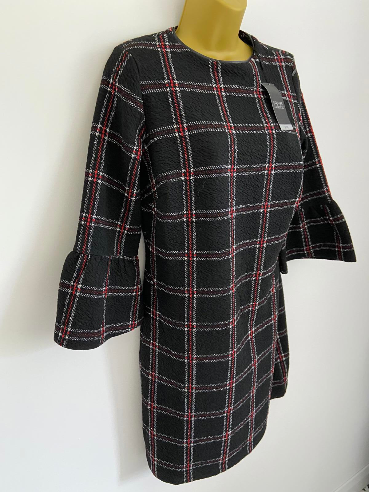 Papaya Size 10 Black Check Plaid Shift Dress Bell Sleeve Red White Detail New