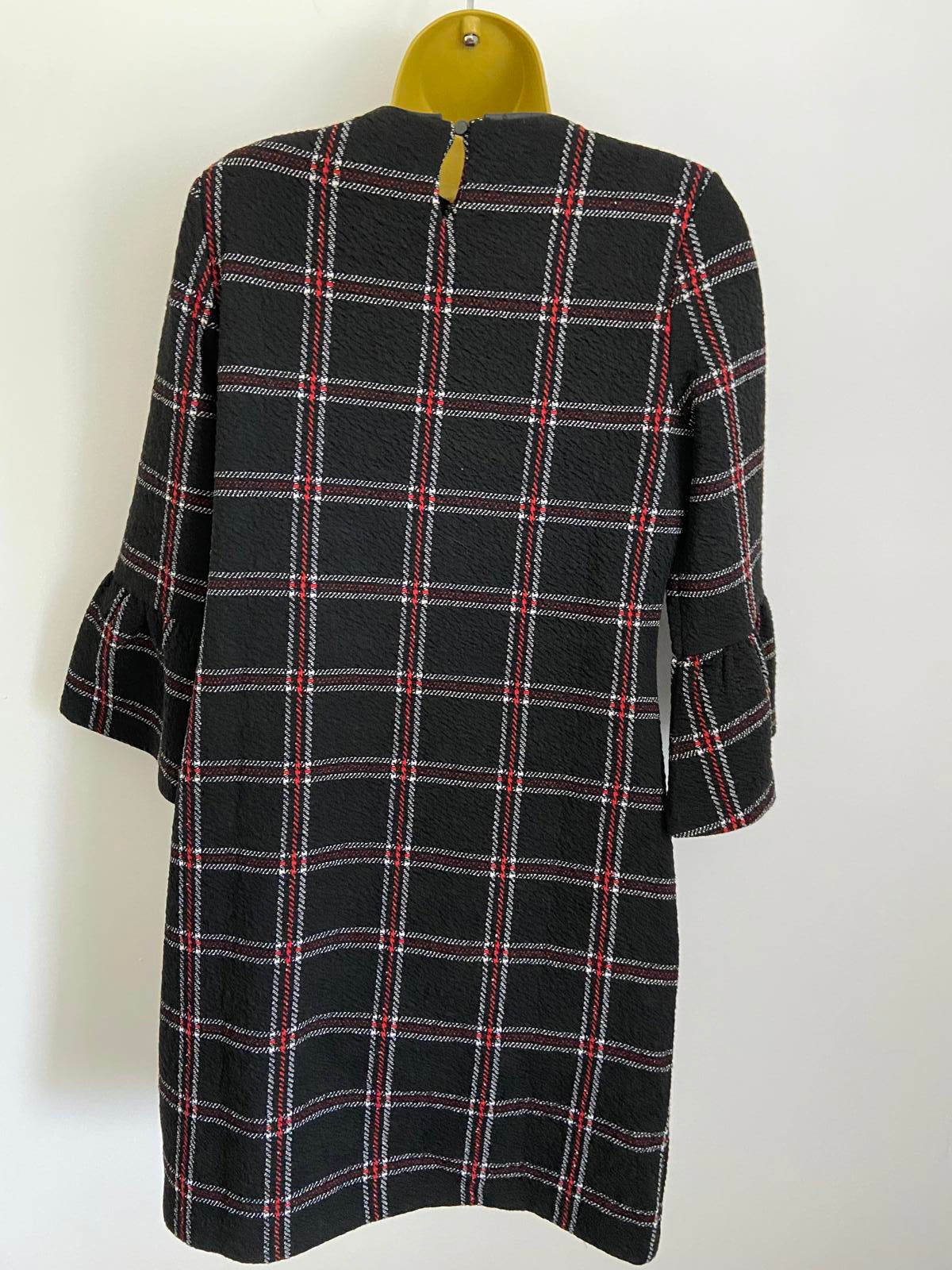 Papaya Size 10 Black Check Plaid Shift Dress Bell Sleeve Red White Detail New